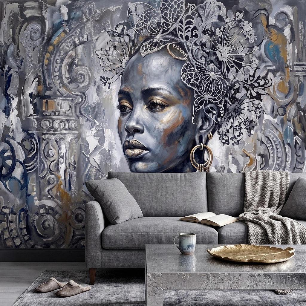 Abstract Female Portrait Peel and Stick Wall Mural, Butterfly Headdress Blue Gray Figurative Woman Ornamental Artistic Painting Wallpaper