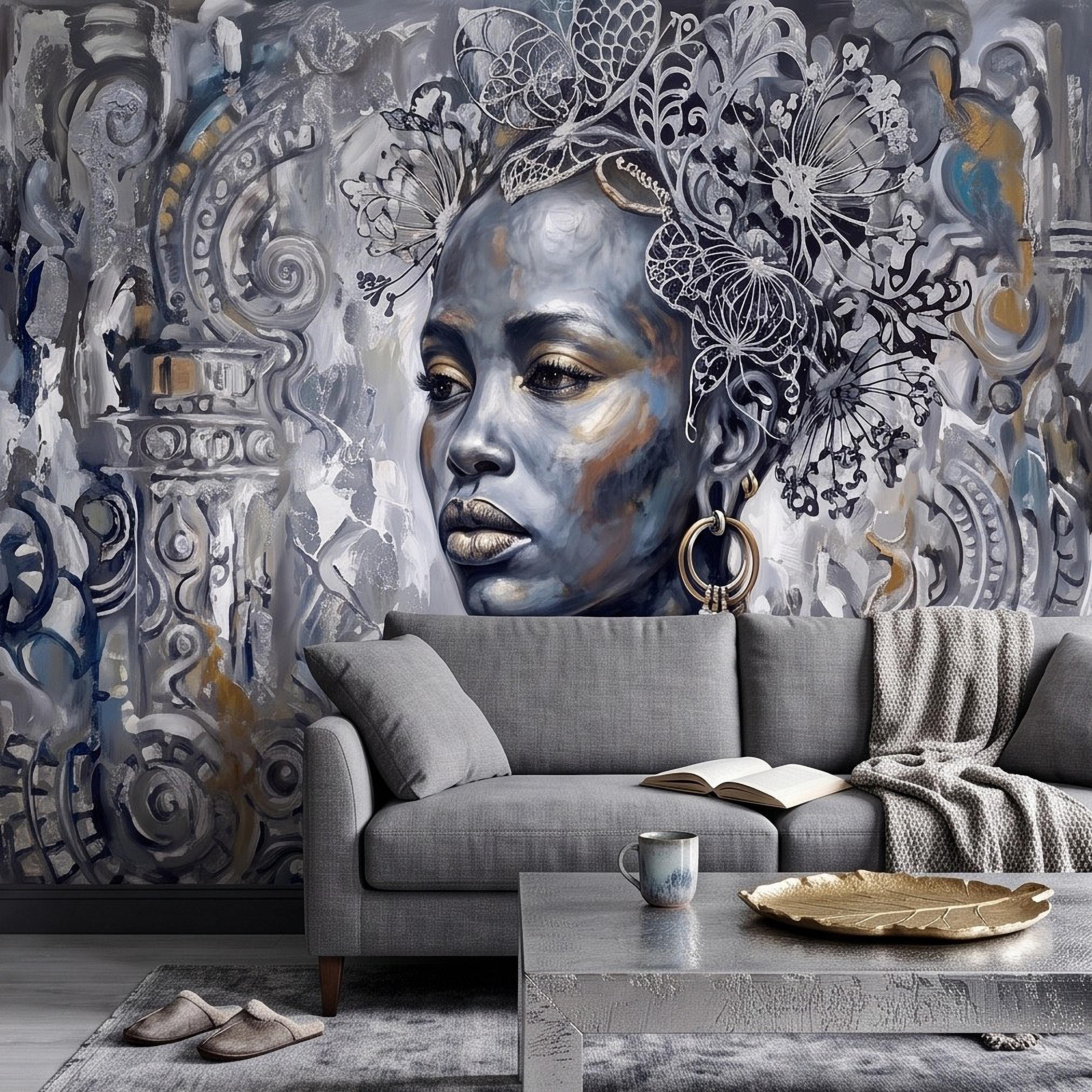 Abstract Female Portrait Peel and Stick Wall Mural, Butterfly Headdress Blue Gray Figurative Woman Ornamental Artistic Painting Wallpaper