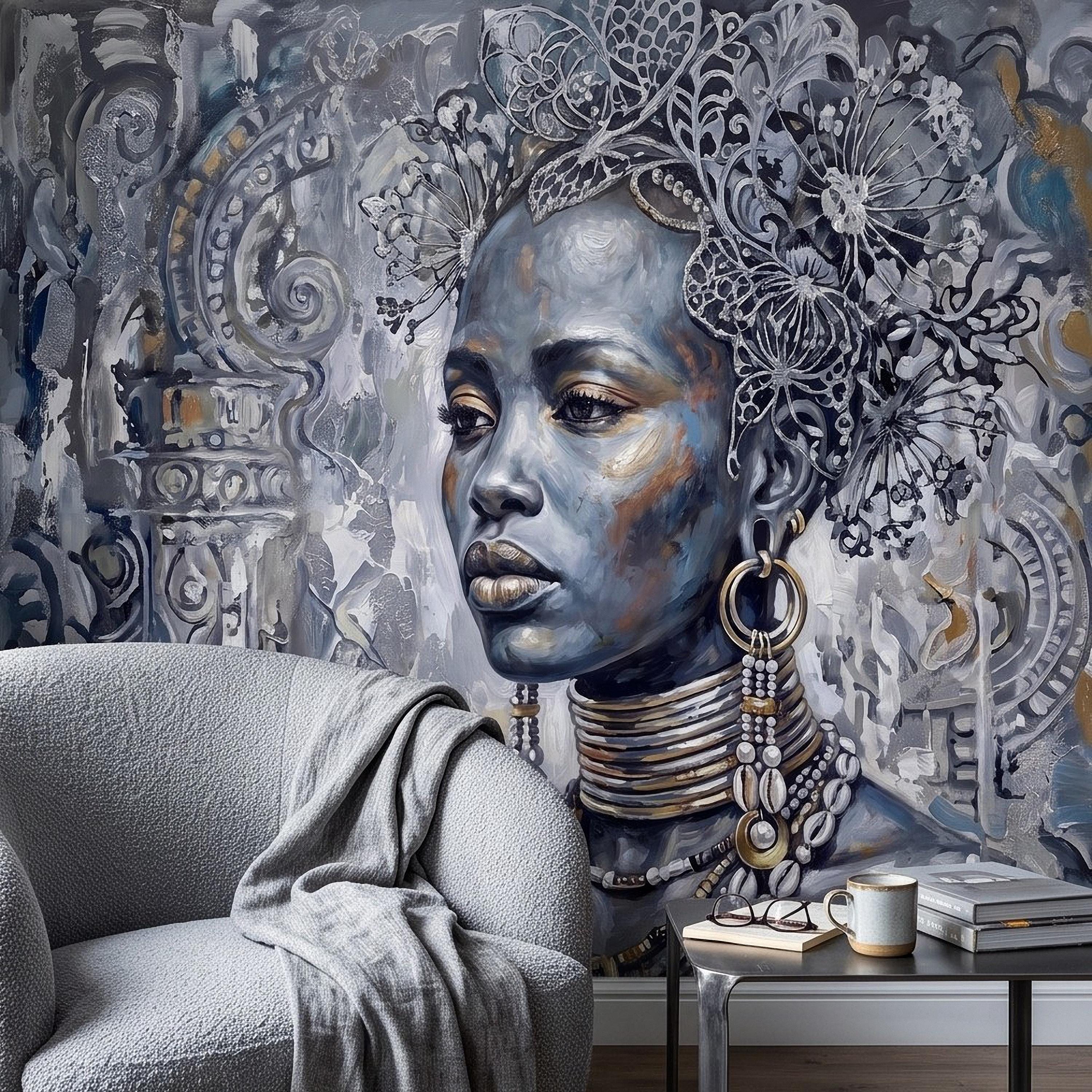 Abstract Female Portrait Peel and Stick Wall Mural, Butterfly Headdress Blue Gray Figurative Woman Ornamental Artistic Painting Wallpaper