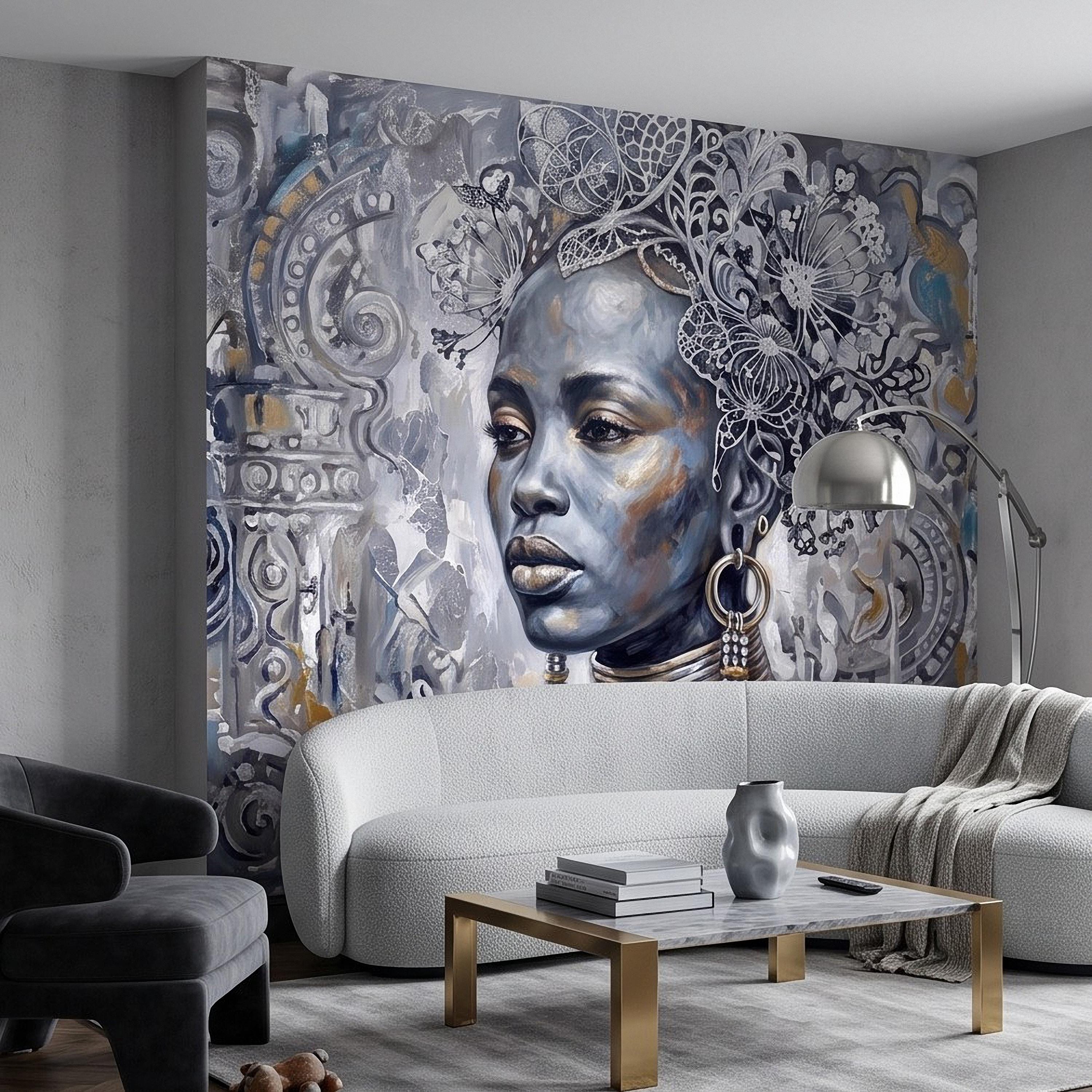 Abstract Female Portrait Peel and Stick Wall Mural, Butterfly Headdress Blue Gray Figurative Woman Ornamental Artistic Painting Wallpaper