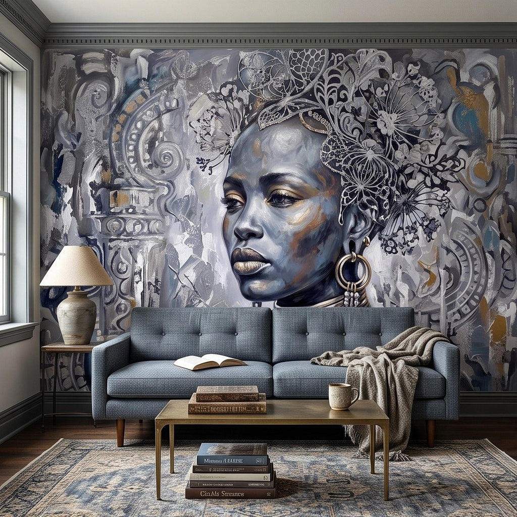 Abstract Female Portrait Peel and Stick Wall Mural, Butterfly Headdress Blue Gray Figurative Woman Ornamental Artistic Painting Wallpaper