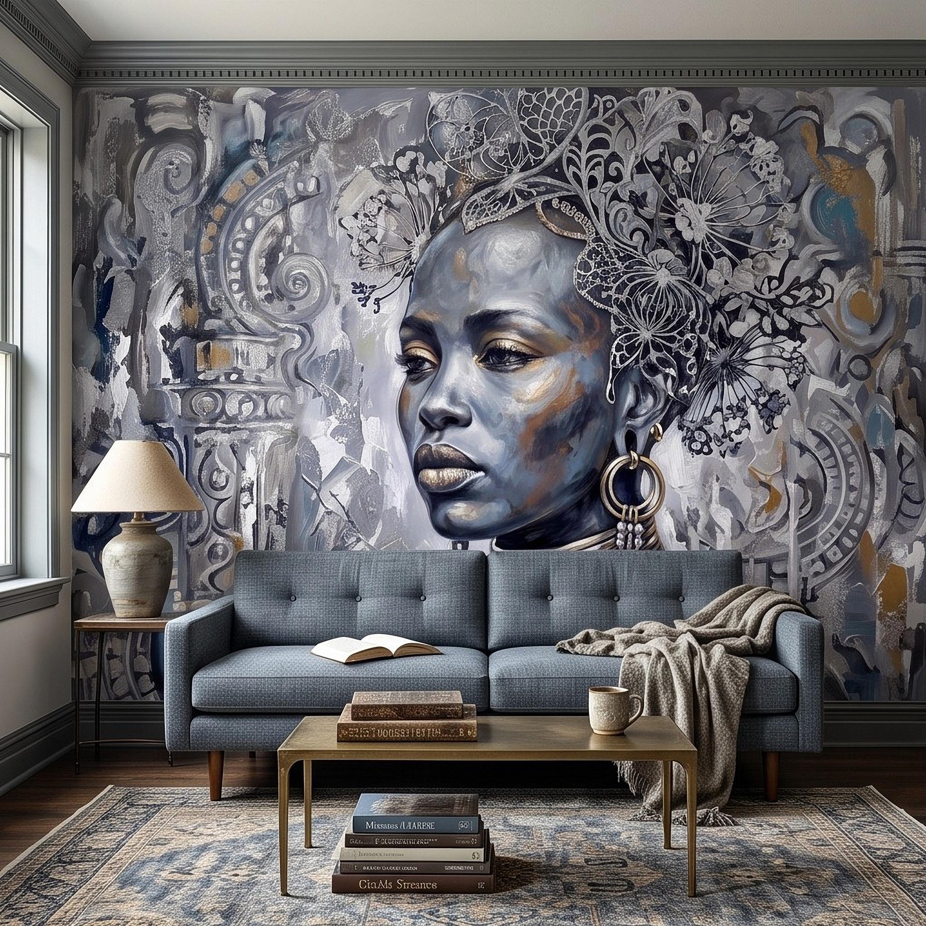Abstract Female Portrait Peel and Stick Wall Mural, Butterfly Headdress Blue Gray Figurative Woman Ornamental Artistic Painting Wallpaper