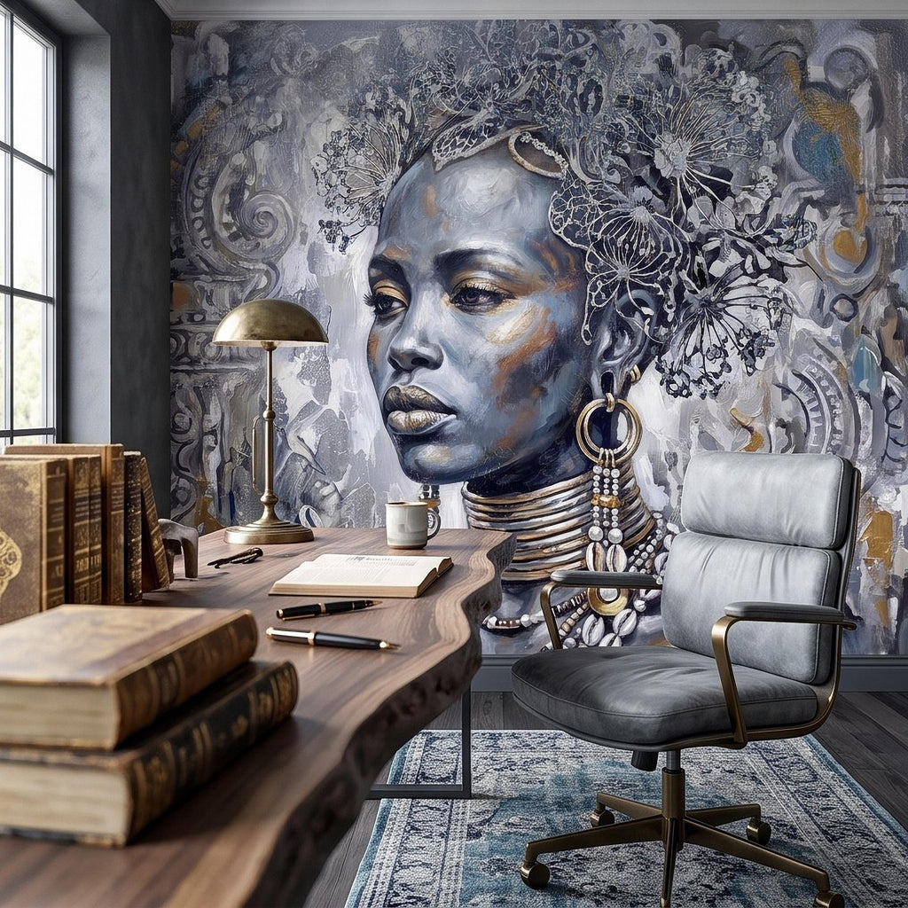 Abstract Female Portrait Peel and Stick Wall Mural, Butterfly Headdress Blue Gray Figurative Woman Ornamental Artistic Painting Wallpaper
