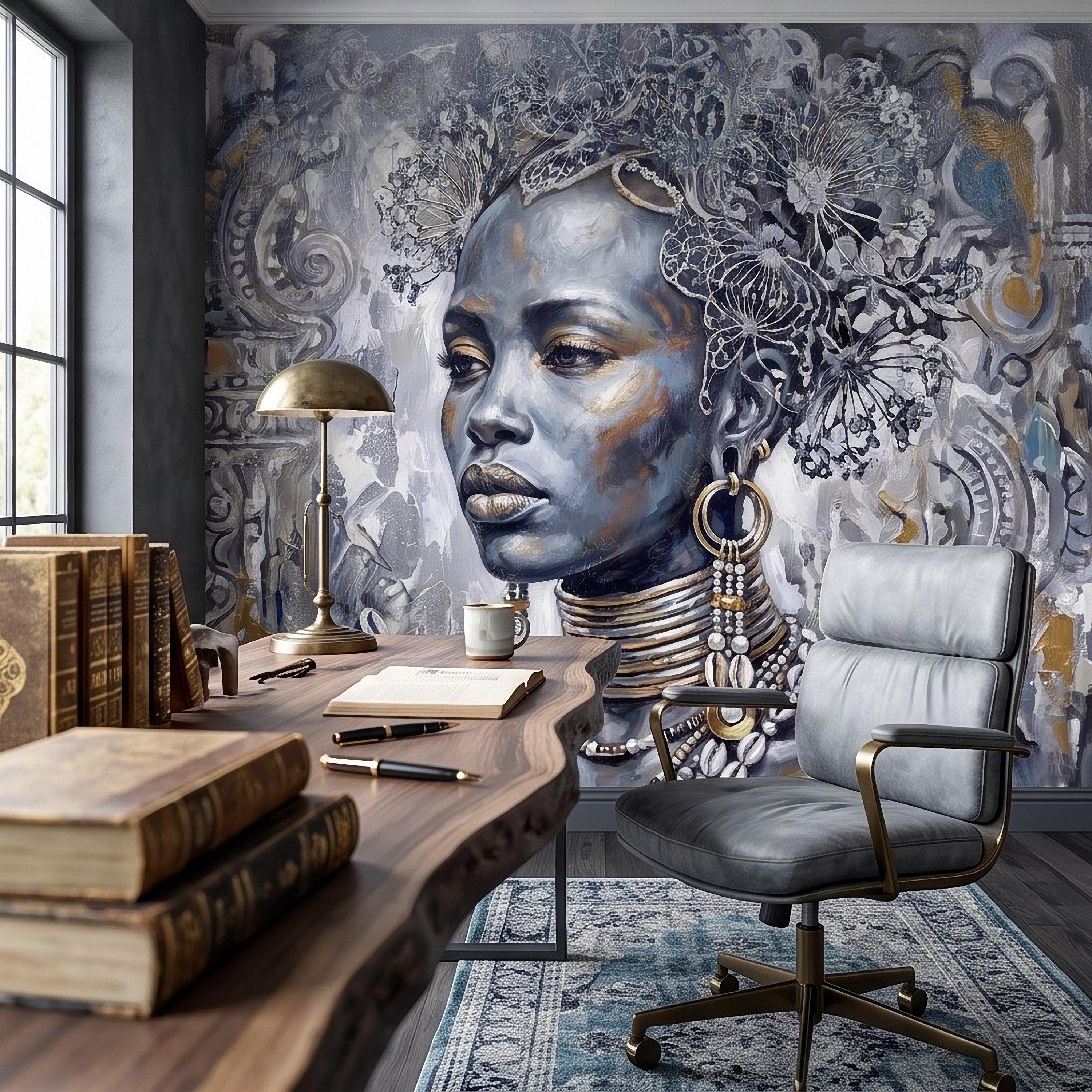 Abstract Female Portrait Peel and Stick Wall Mural, Butterfly Headdress Blue Gray Figurative Woman Ornamental Artistic Painting Wallpaper