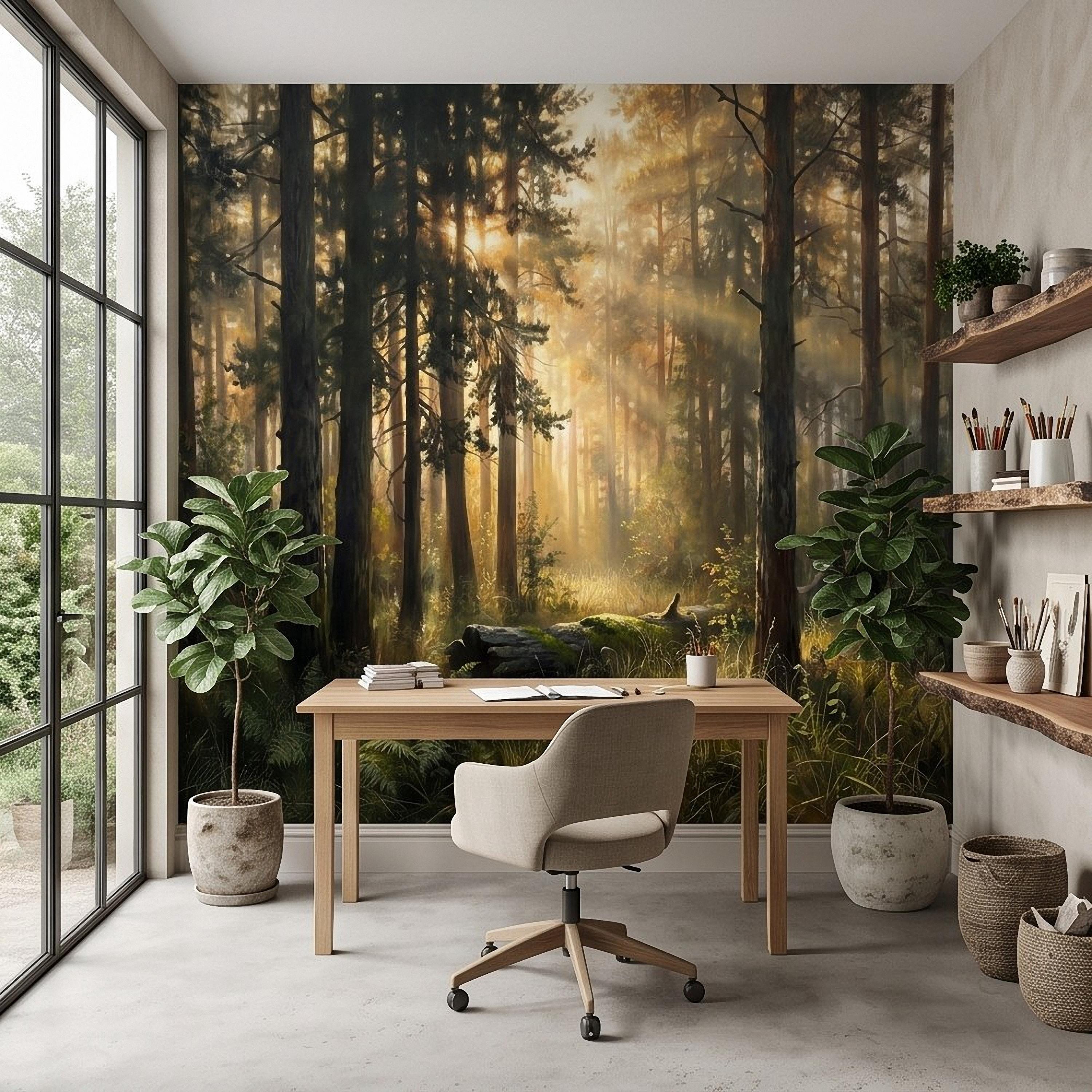 Sunlit Pine Forest Peel and Stick Wall Mural, Golden Light Woodland Landscape Tall Trees Moody Nature Vintage Scenic Painting Wallpaper