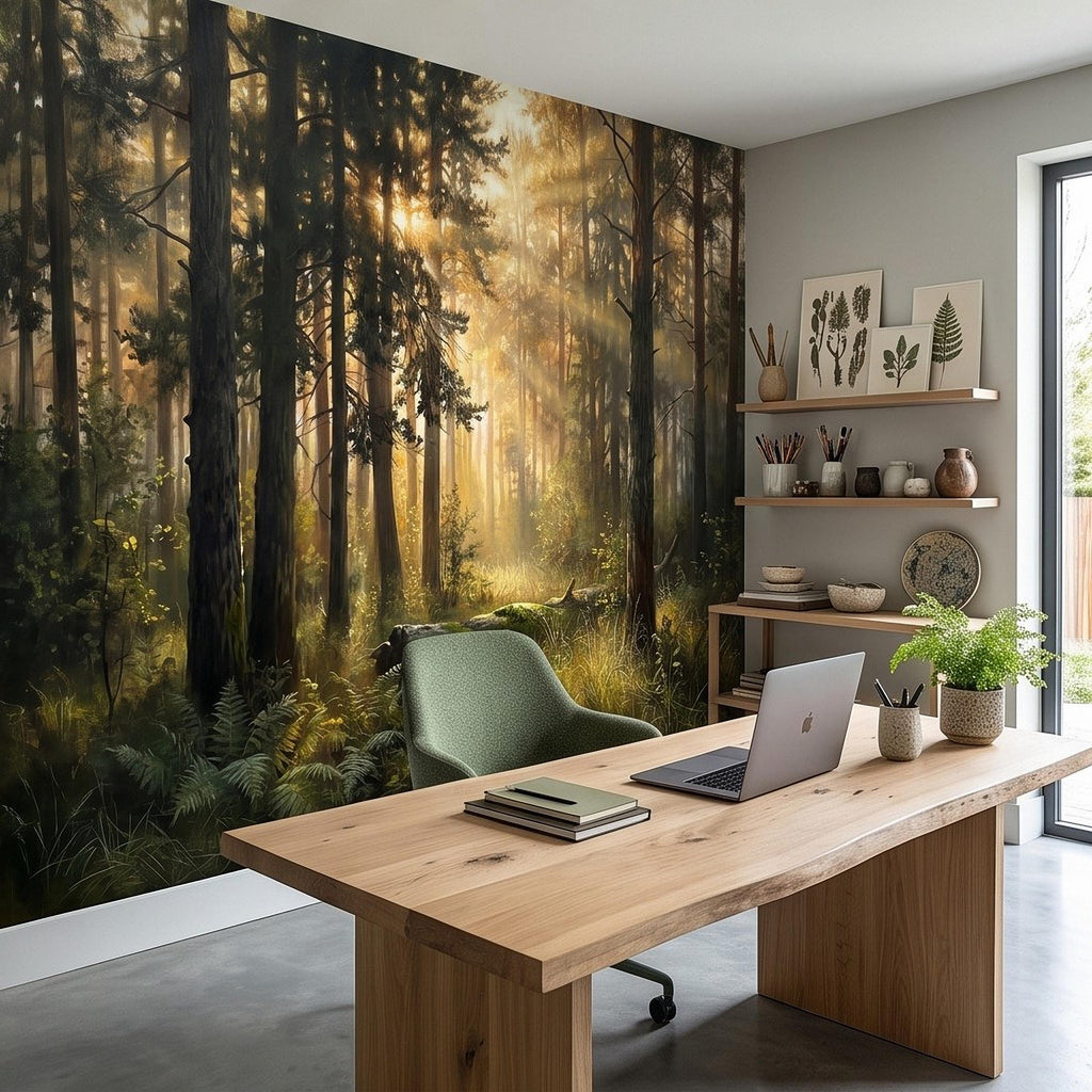 Sunlit Pine Forest Peel and Stick Wall Mural, Golden Light Woodland Landscape Tall Trees Moody Nature Vintage Scenic Painting Wallpaper