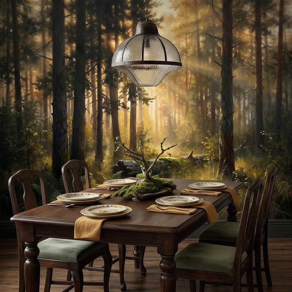 Sunlit Pine Forest Peel and Stick Wall Mural, Golden Light Woodland Landscape Tall Trees Moody Nature Vintage Scenic Painting Wallpaper