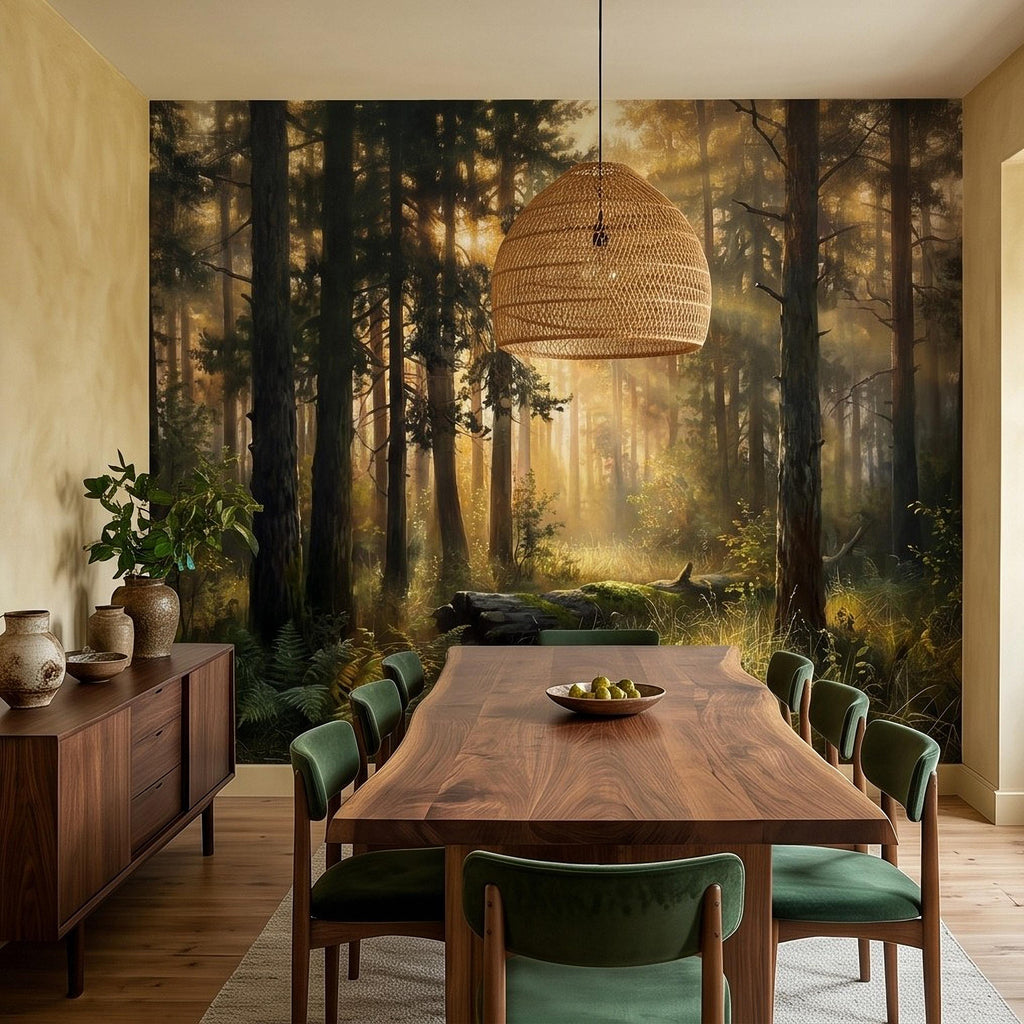 Sunlit Pine Forest Peel and Stick Wall Mural, Golden Light Woodland Landscape Tall Trees Moody Nature Vintage Scenic Painting Wallpaper