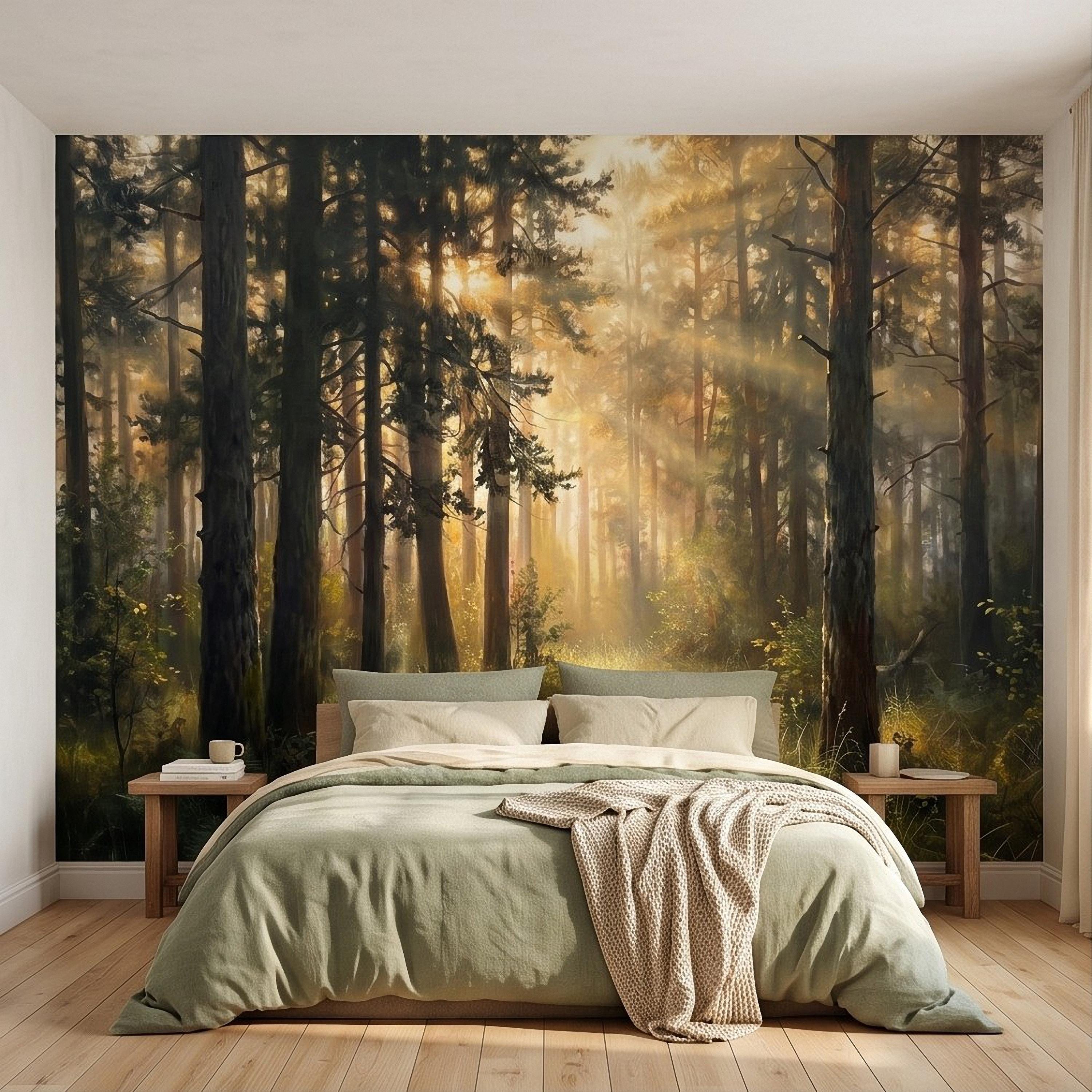 Sunlit Pine Forest Peel and Stick Wall Mural, Golden Light Woodland Landscape Tall Trees Moody Nature Vintage Scenic Painting Wallpaper