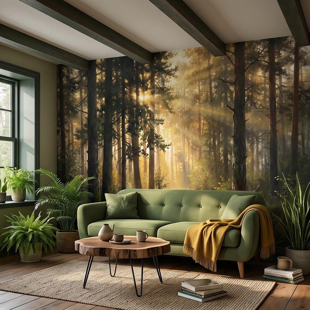 Sunlit Pine Forest Peel and Stick Wall Mural, Golden Light Woodland Landscape Tall Trees Moody Nature Vintage Scenic Painting Wallpaper