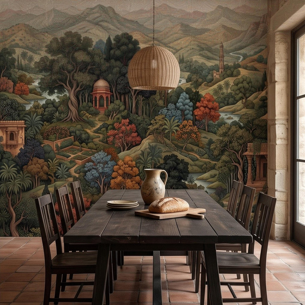 Indian Garden Peel and Stick Wall Mural, Vintage Mountain Landscape Botanical Forest Mughal Inspired Scenic Miniature Painting Wallpaper
