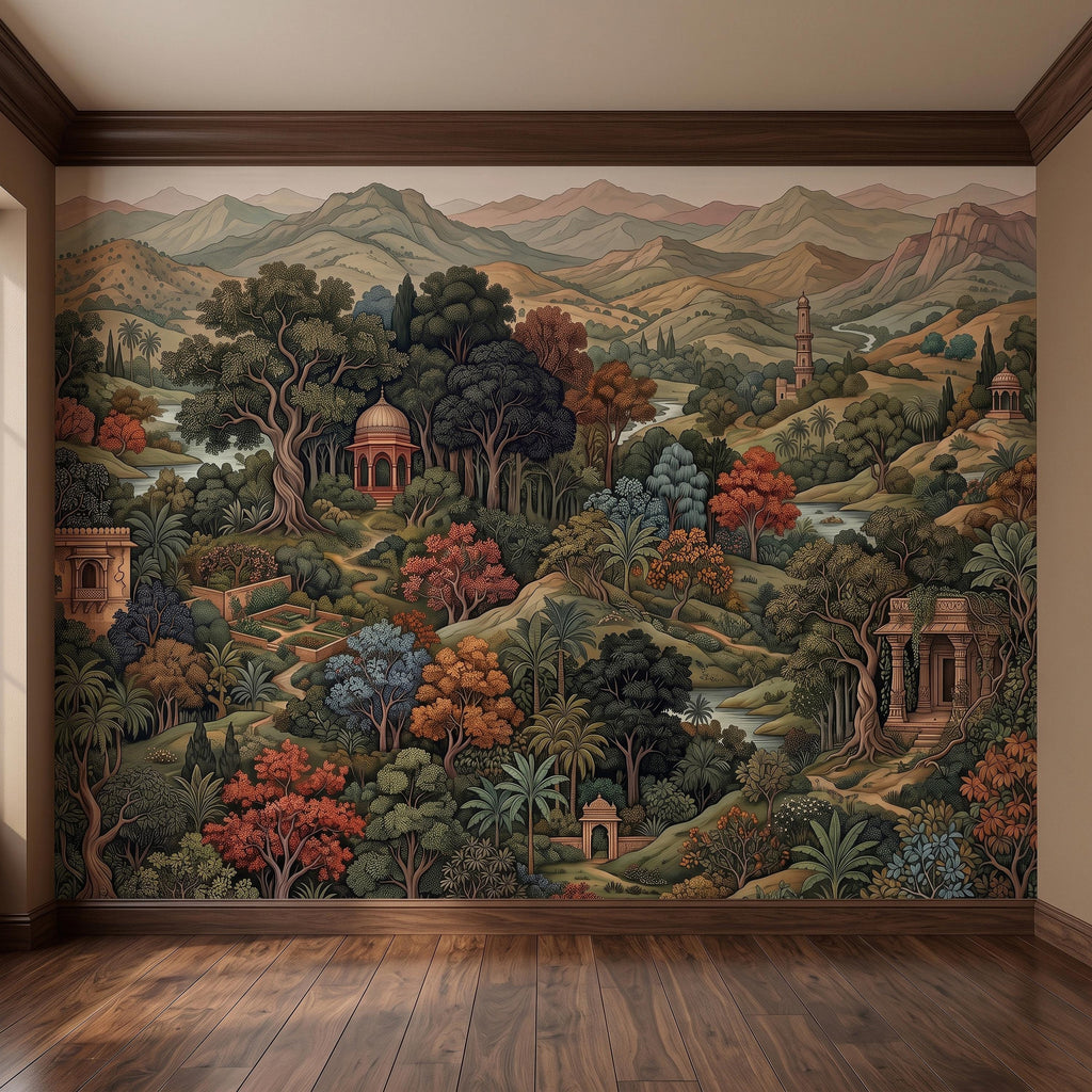 Indian Garden Peel and Stick Wall Mural, Vintage Mountain Landscape Botanical Forest Mughal Inspired Scenic Miniature Painting Wallpaper