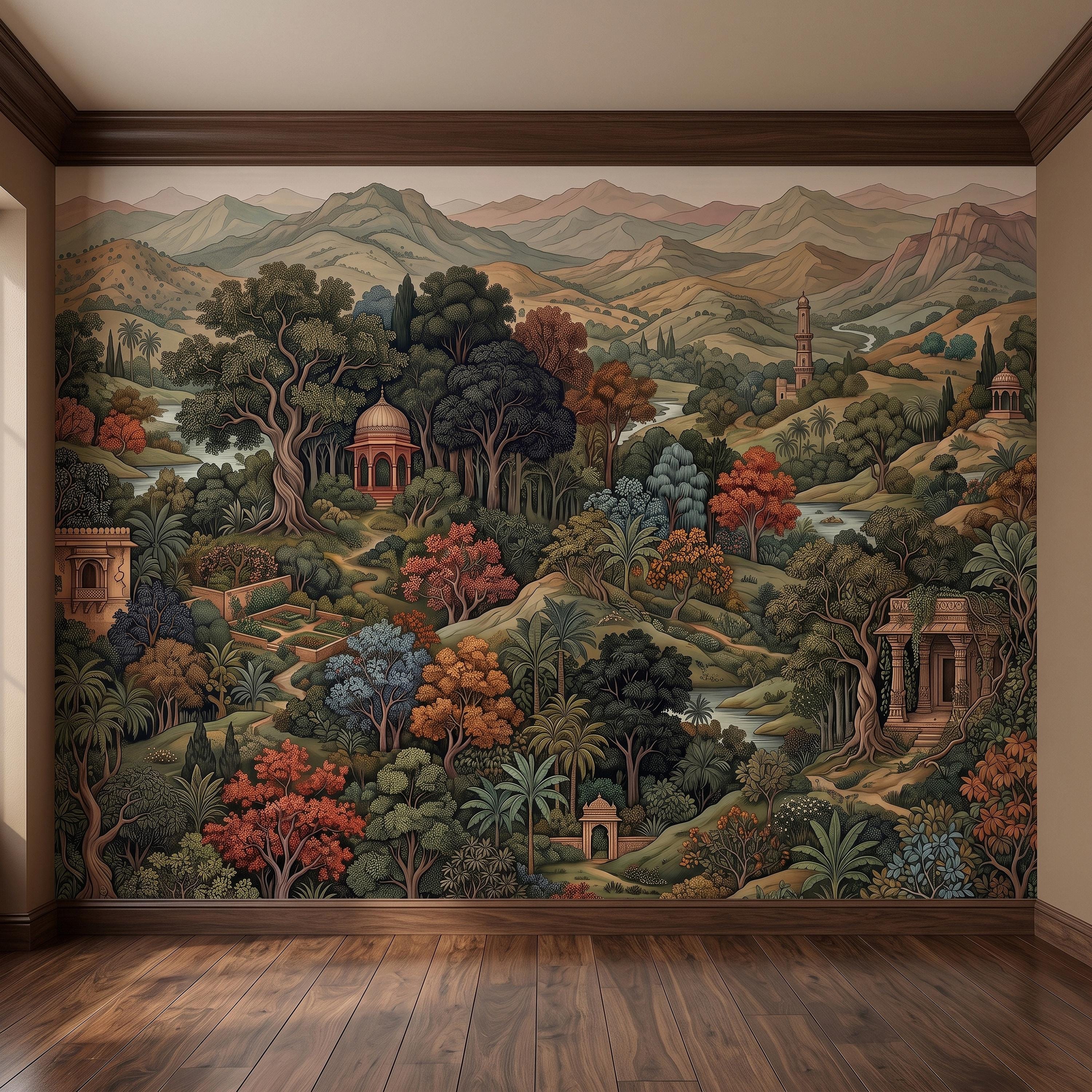 Indian Garden Peel and Stick Wall Mural, Vintage Mountain Landscape Botanical Forest Mughal Inspired Scenic Miniature Painting Wallpaper