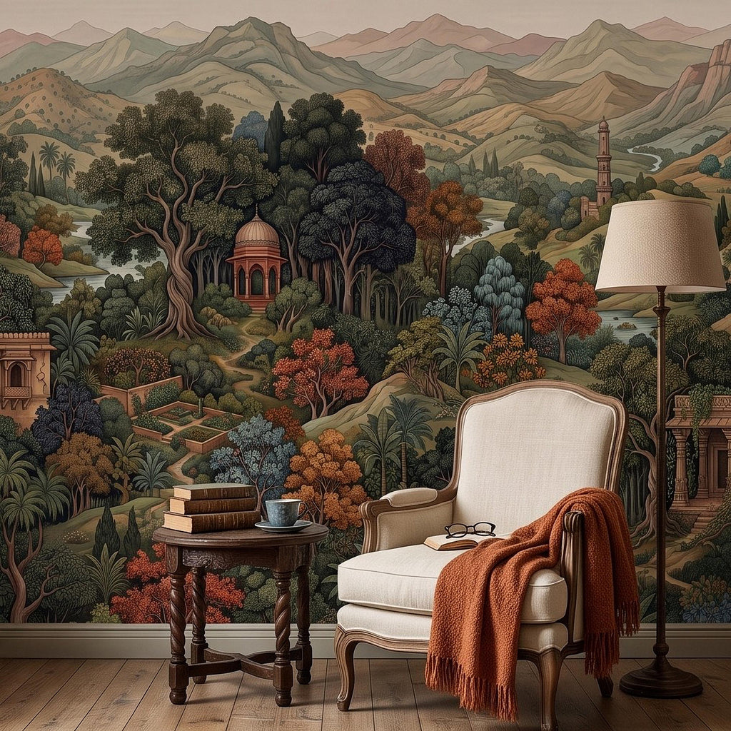 Indian Garden Peel and Stick Wall Mural, Vintage Mountain Landscape Botanical Forest Mughal Inspired Scenic Miniature Painting Wallpaper
