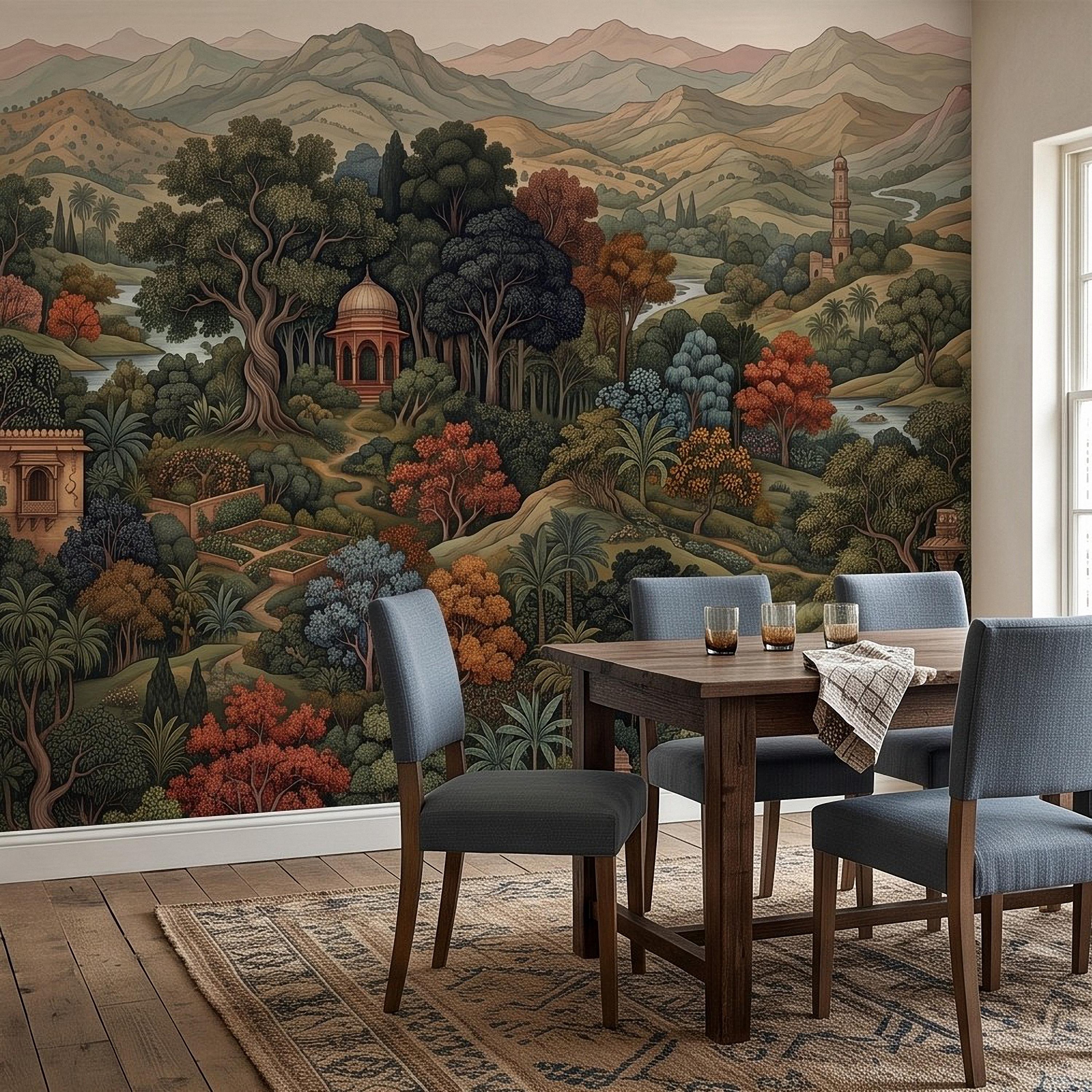 Indian Garden Peel and Stick Wall Mural, Vintage Mountain Landscape Botanical Forest Mughal Inspired Scenic Miniature Painting Wallpaper