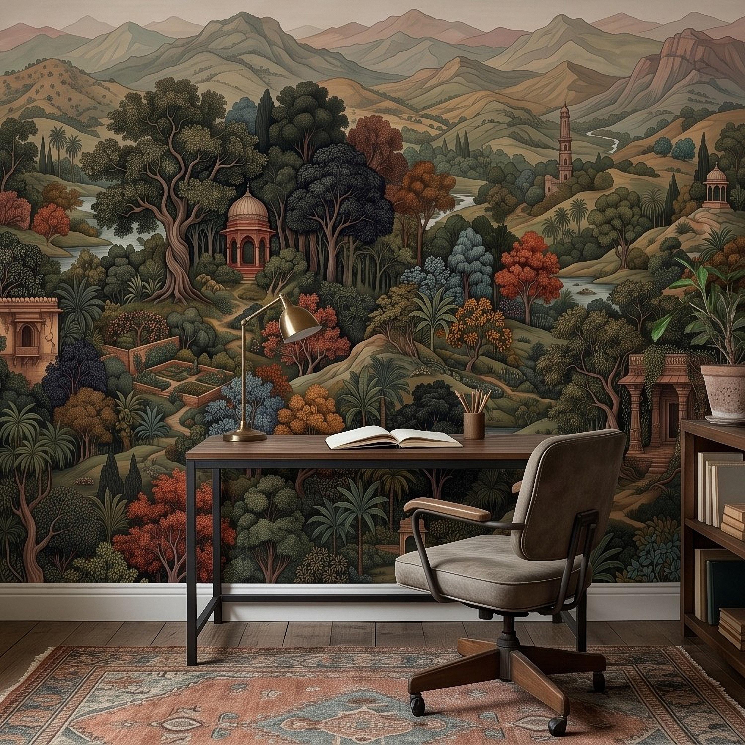 Indian Garden Peel and Stick Wall Mural, Vintage Mountain Landscape Botanical Forest Mughal Inspired Scenic Miniature Painting Wallpaper