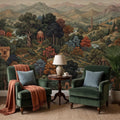 Indian Garden Peel and Stick Wall Mural, Vintage Mountain Landscape Botanical Forest Mughal Inspired Scenic Miniature Painting Wallpaper