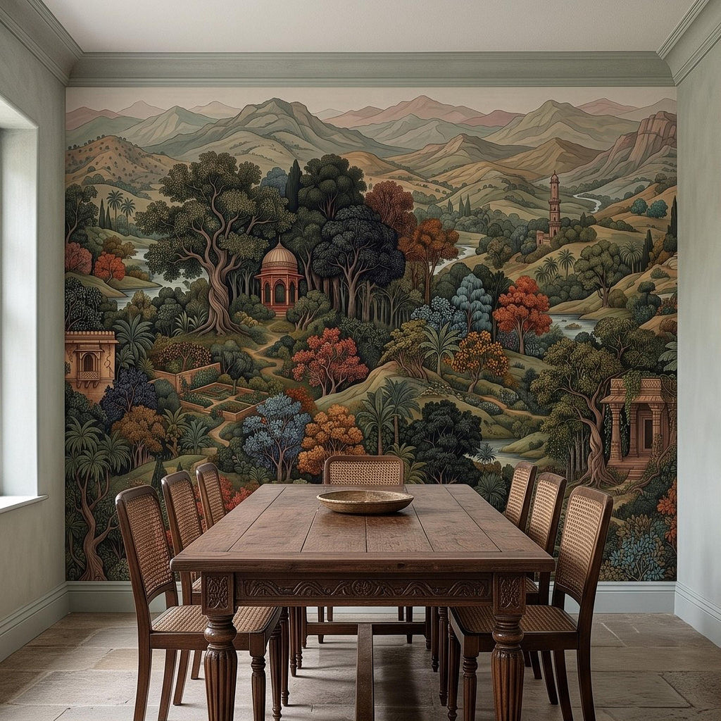 Indian Garden Peel and Stick Wall Mural, Vintage Mountain Landscape Botanical Forest Mughal Inspired Scenic Miniature Painting Wallpaper