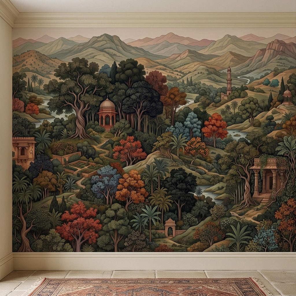 Indian Garden Peel and Stick Wall Mural, Vintage Mountain Landscape Botanical Forest Mughal Inspired Scenic Miniature Painting Wallpaper