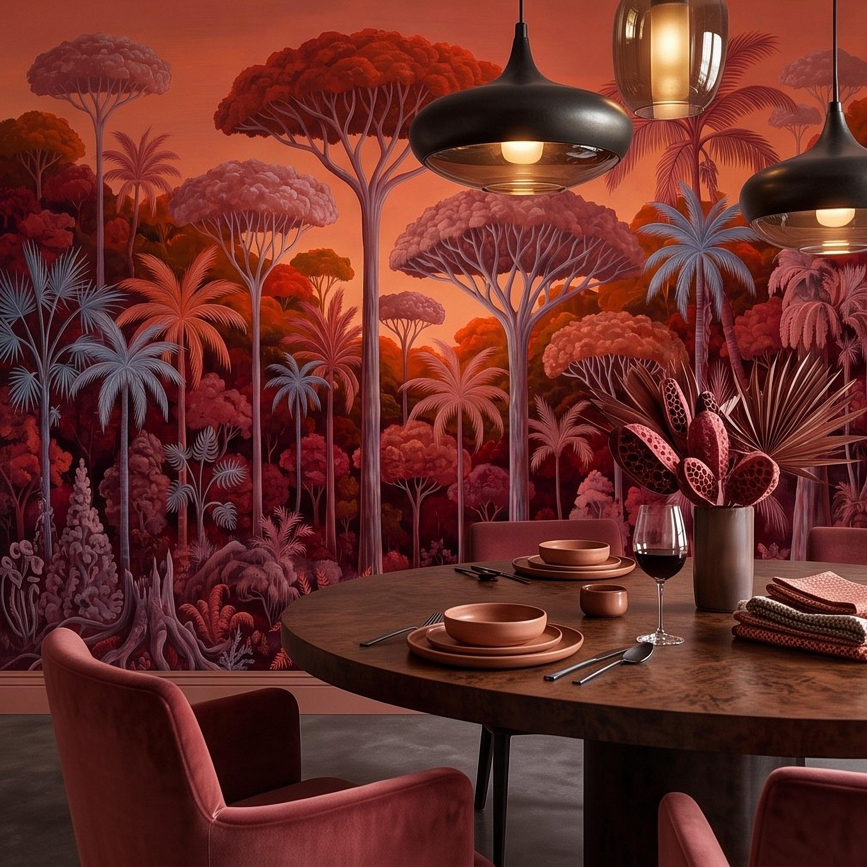 Tropical Jungle Peel and Stick Wall Mural, Burnt Orange Red Exotic Forest Palm Trees Moody Botanical Landscape Vintage Painting Wallpaper