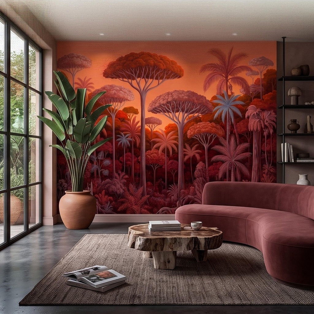 Tropical Jungle Peel and Stick Wall Mural, Burnt Orange Red Exotic Forest Palm Trees Moody Botanical Landscape Vintage Painting Wallpaper