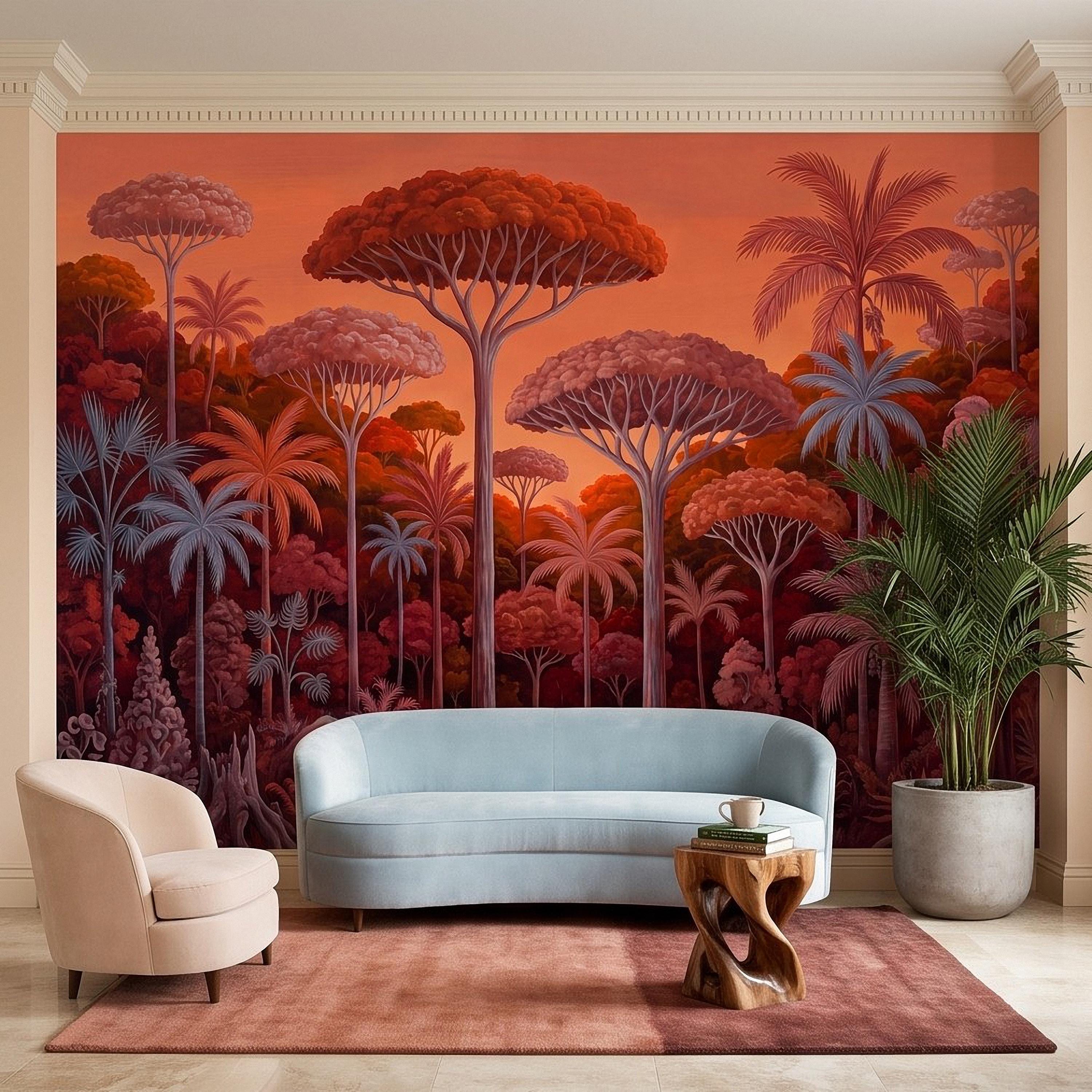 Tropical Jungle Peel and Stick Wall Mural, Burnt Orange Red Exotic Forest Palm Trees Moody Botanical Landscape Vintage Painting Wallpaper