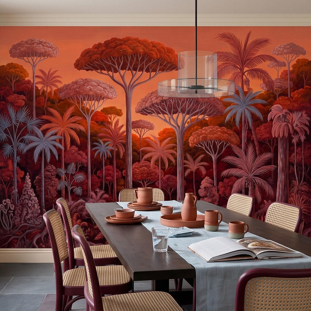 Tropical Jungle Peel and Stick Wall Mural, Burnt Orange Red Exotic Forest Palm Trees Moody Botanical Landscape Vintage Painting Wallpaper