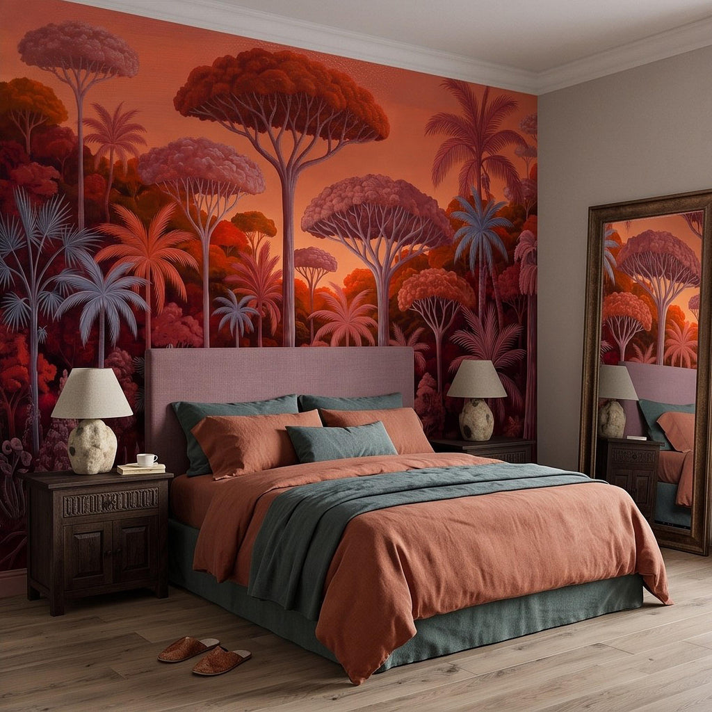 Tropical Jungle Peel and Stick Wall Mural, Burnt Orange Red Exotic Forest Palm Trees Moody Botanical Landscape Vintage Painting Wallpaper