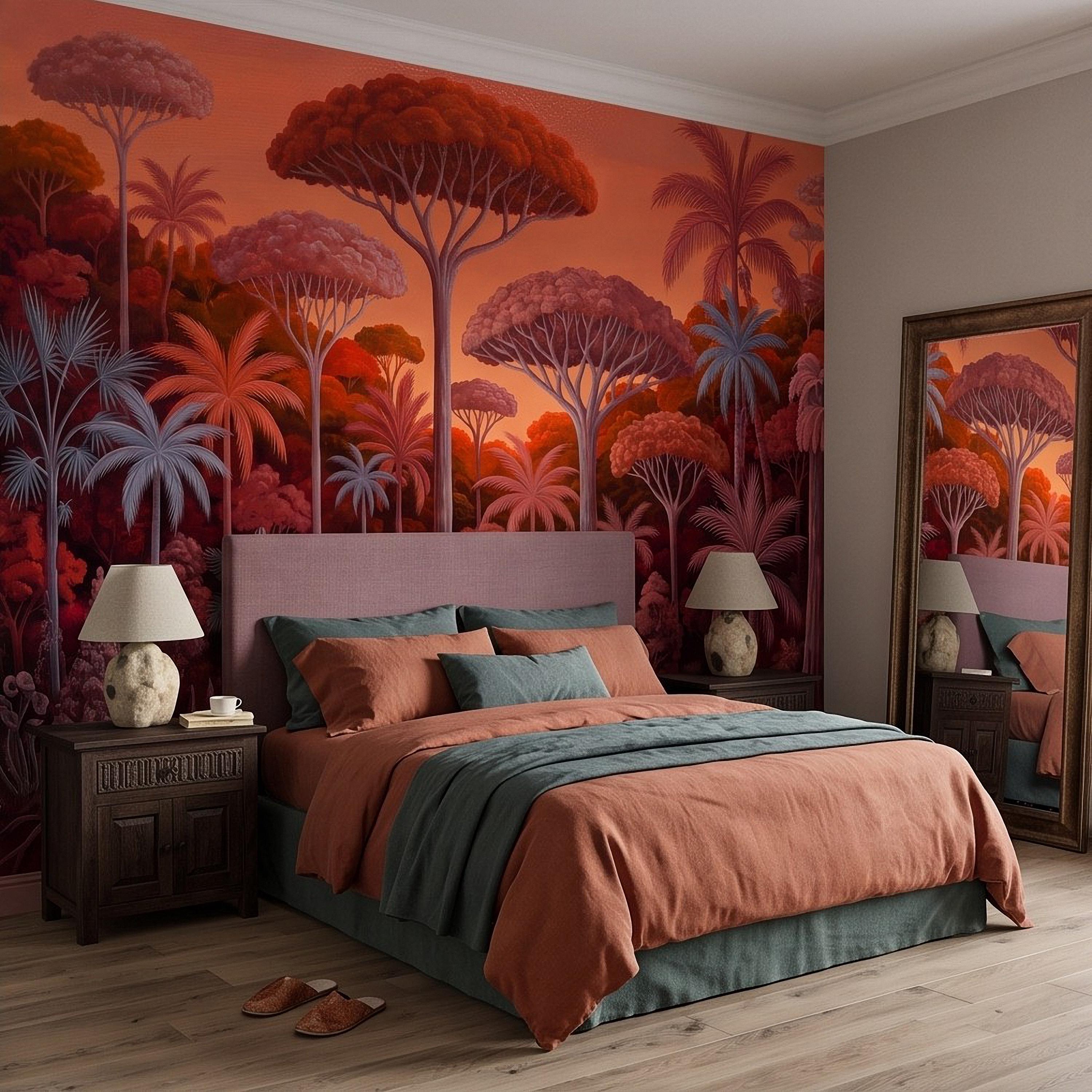 Tropical Jungle Peel and Stick Wall Mural, Burnt Orange Red Exotic Forest Palm Trees Moody Botanical Landscape Vintage Painting Wallpaper