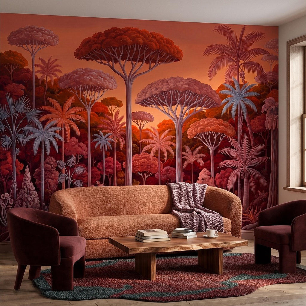 Tropical Jungle Peel and Stick Wall Mural, Burnt Orange Red Exotic Forest Palm Trees Moody Botanical Landscape Vintage Painting Wallpaper