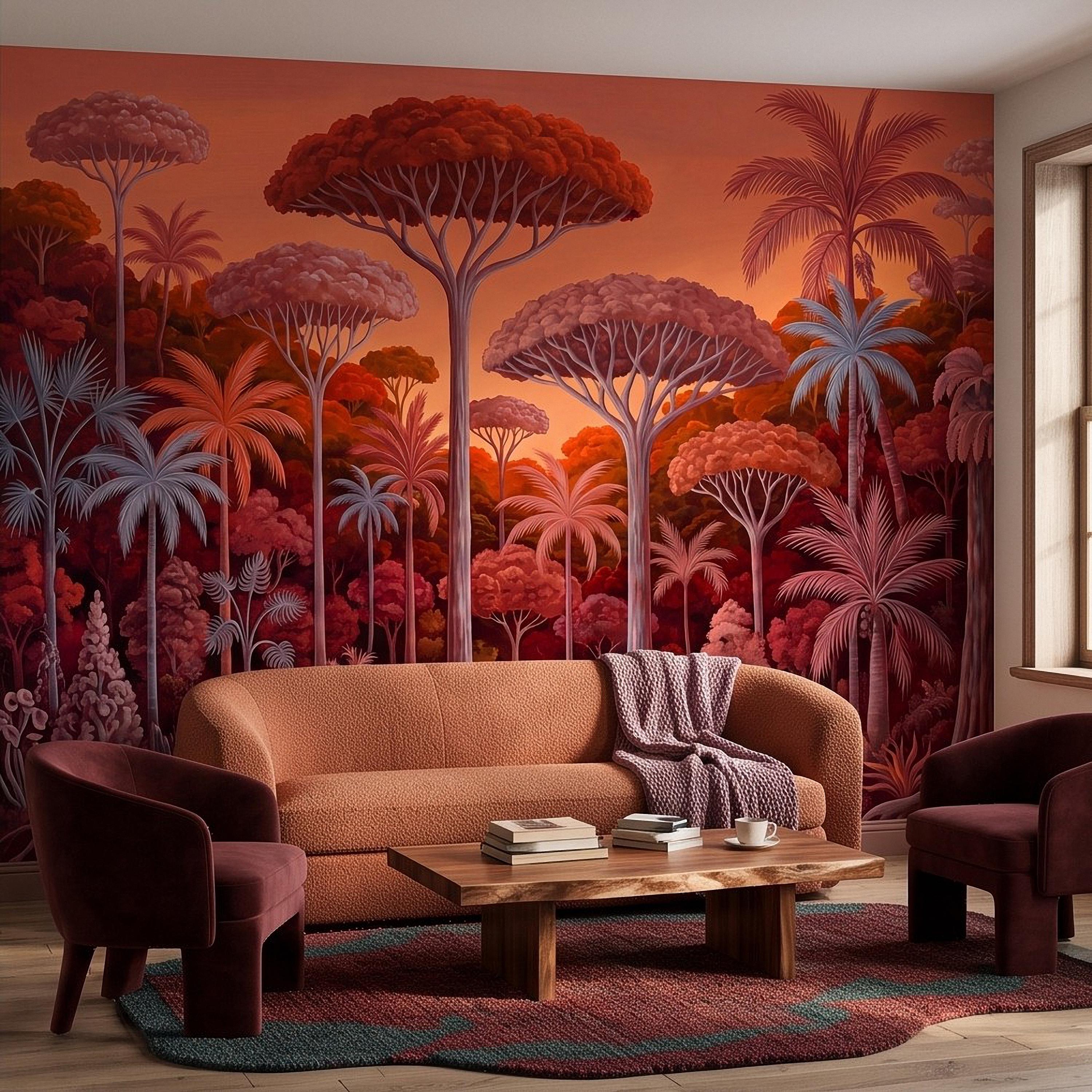 Tropical Jungle Peel and Stick Wall Mural, Burnt Orange Red Exotic Forest Palm Trees Moody Botanical Landscape Vintage Painting Wallpaper