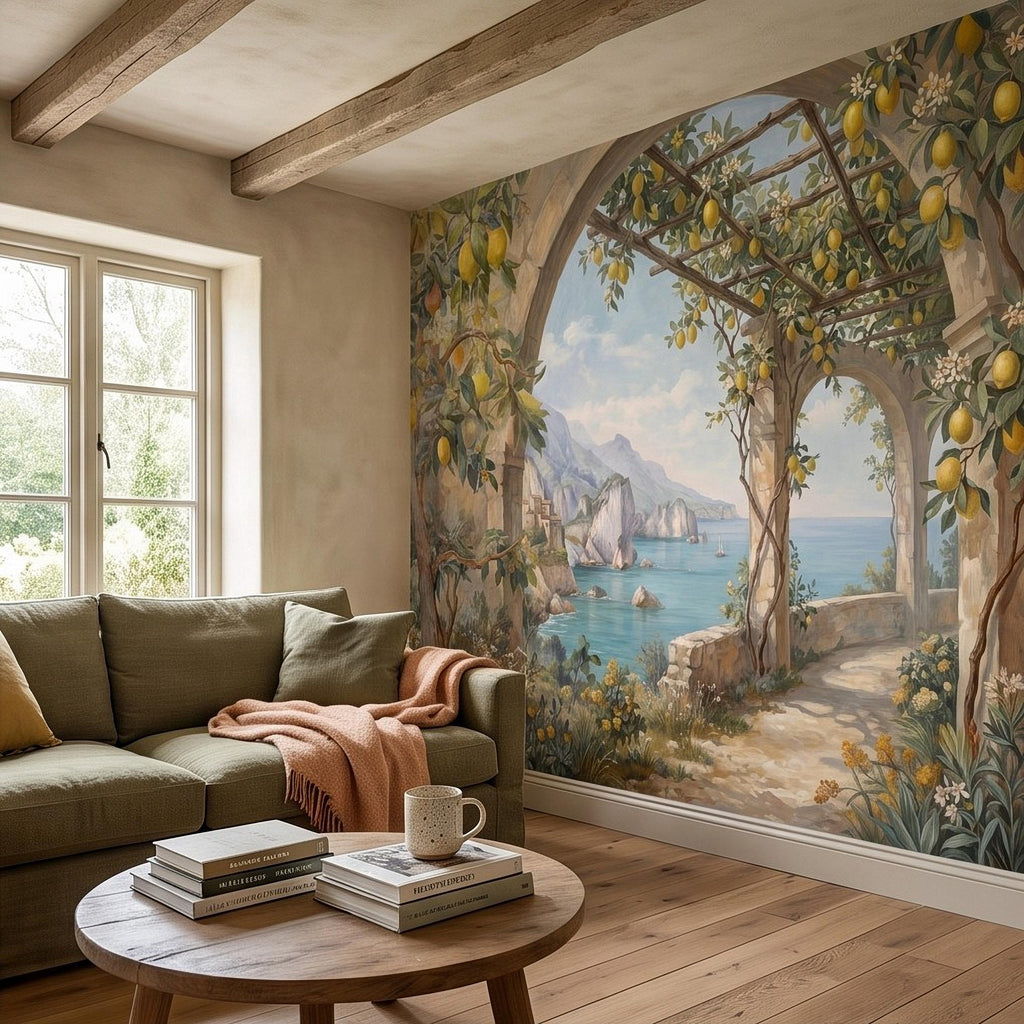 Italian Lemon Grove Peel and Stick Wall Mural, Amalfi Coast Mediterranean Sea Garden Arches Vintage Coastal Landscape Painting Wallpaper