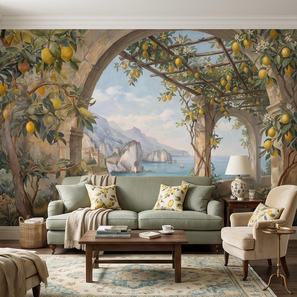 Italian Lemon Grove Peel and Stick Wall Mural, Amalfi Coast Mediterranean Sea Garden Arches Vintage Coastal Landscape Painting Wallpaper