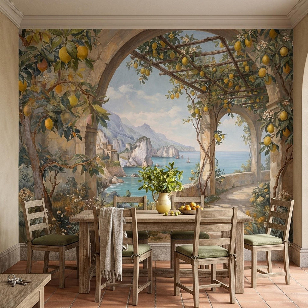 Italian Lemon Grove Peel and Stick Wall Mural, Amalfi Coast Mediterranean Sea Garden Arches Vintage Coastal Landscape Painting Wallpaper