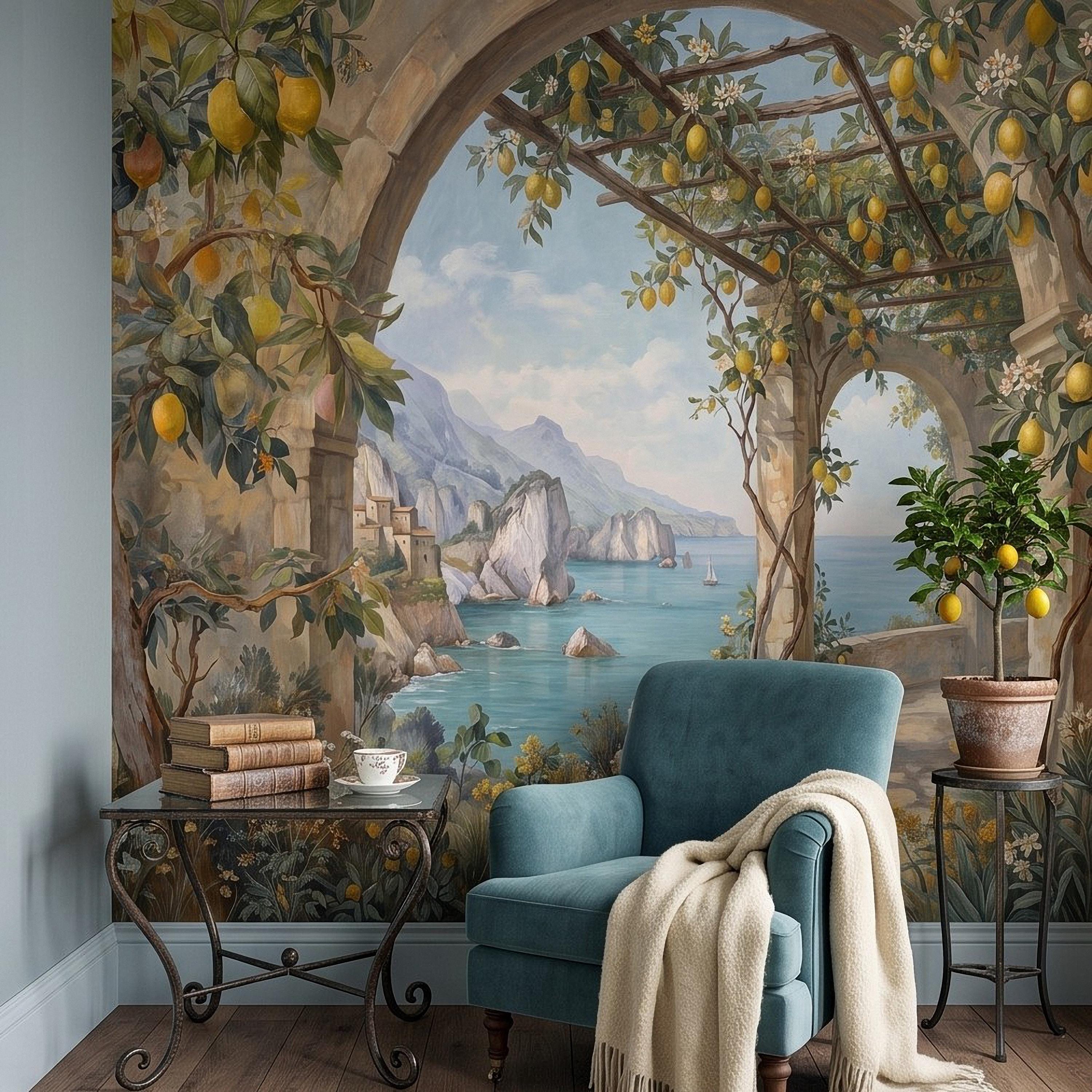 Italian Lemon Grove Peel and Stick Wall Mural, Amalfi Coast Mediterranean Sea Garden Arches Vintage Coastal Landscape Painting Wallpaper