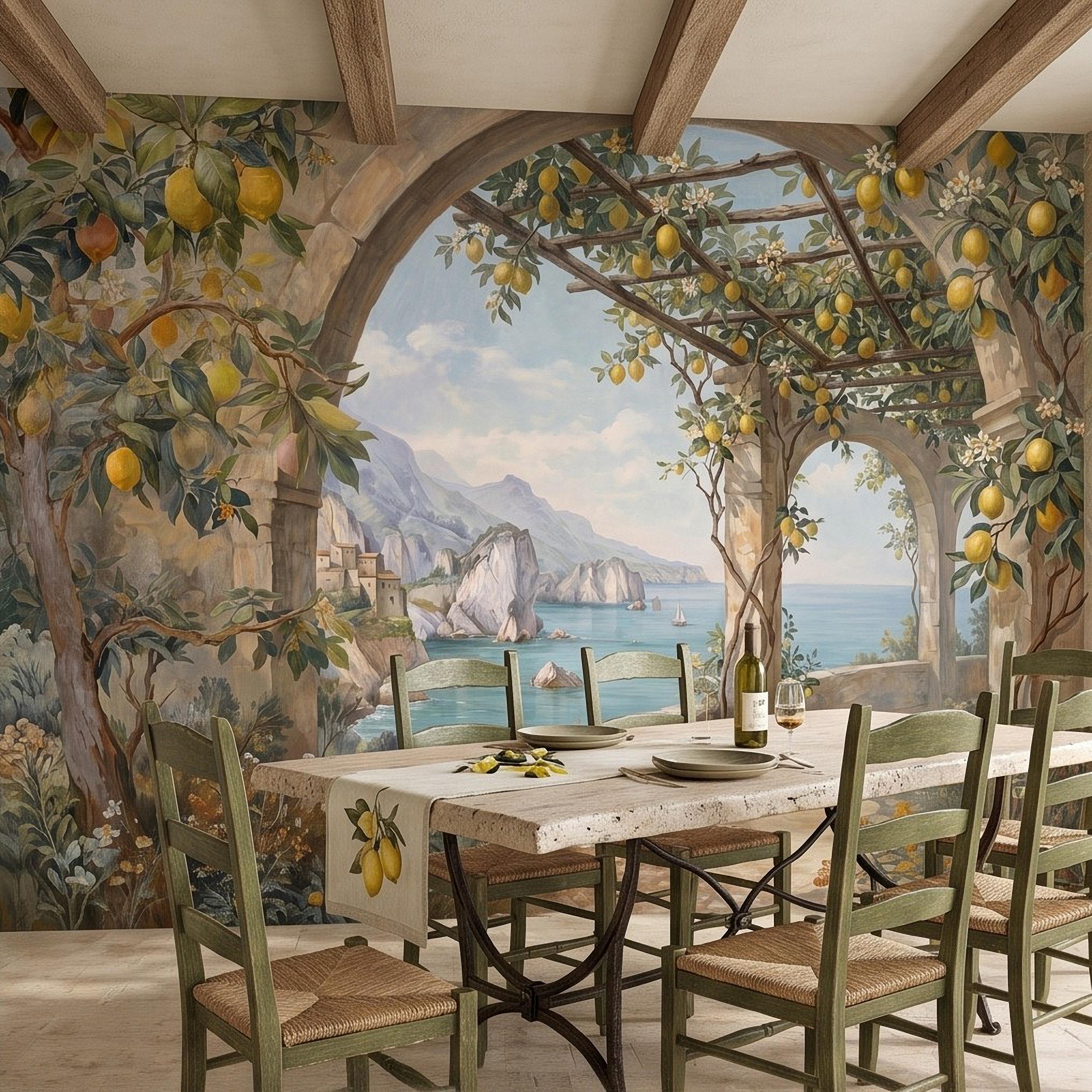 Italian Lemon Grove Peel and Stick Wall Mural, Amalfi Coast Mediterranean Sea Garden Arches Vintage Coastal Landscape Painting Wallpaper