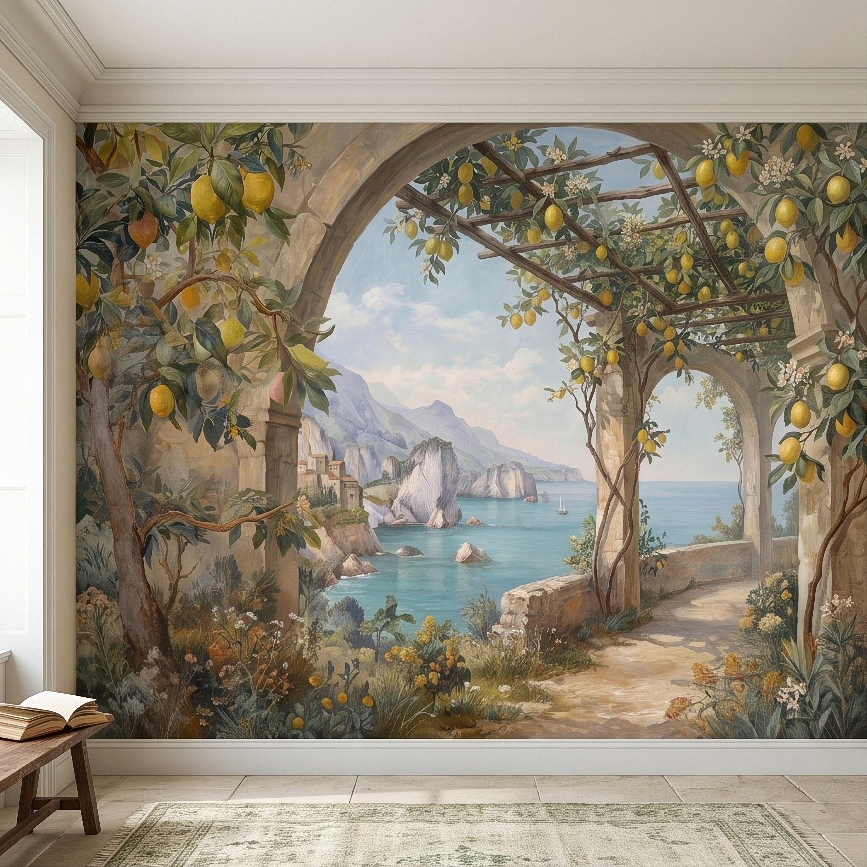 Italian Lemon Grove Peel and Stick Wall Mural, Amalfi Coast Mediterranean Sea Garden Arches Vintage Coastal Landscape Painting Wallpaper