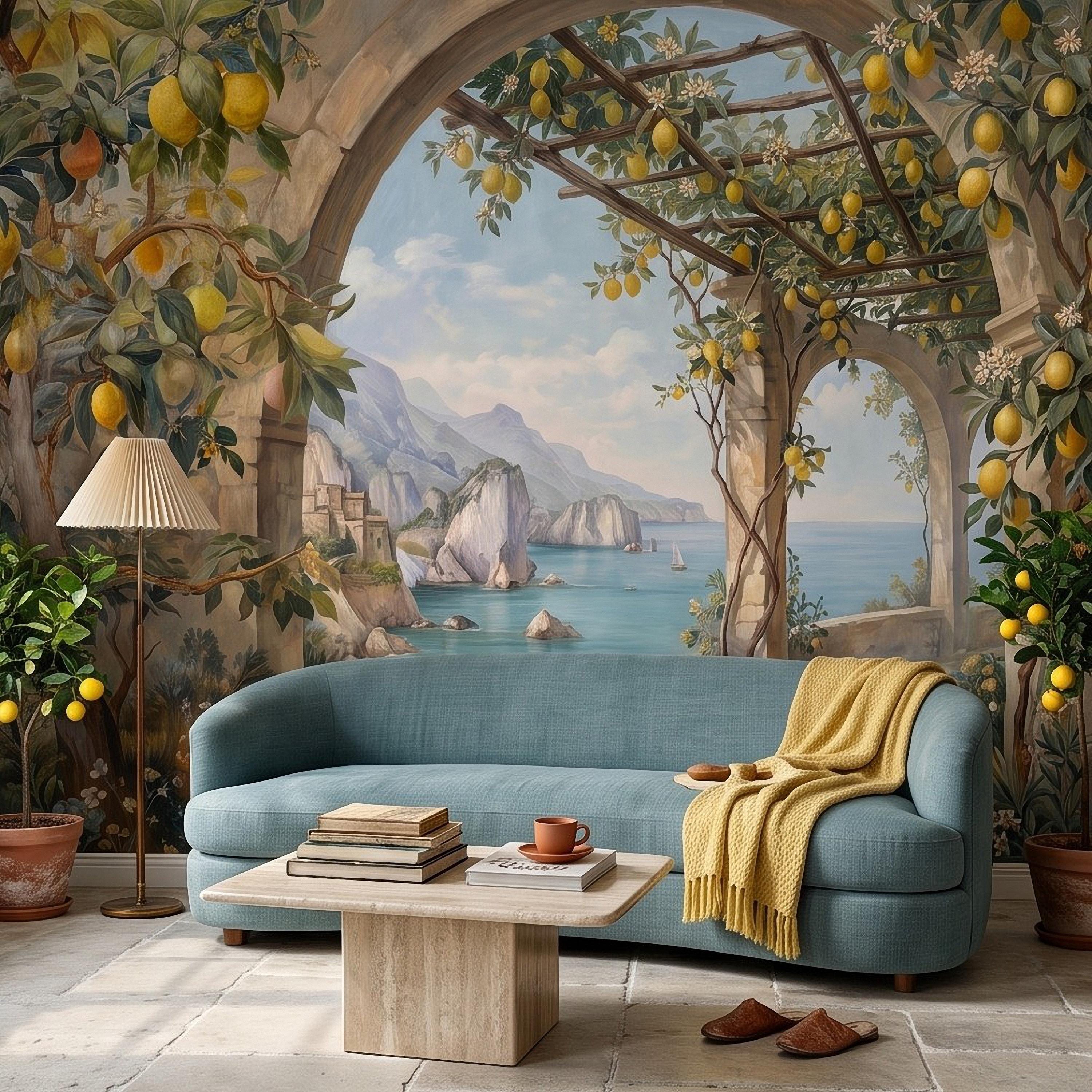 Italian Lemon Grove Peel and Stick Wall Mural, Amalfi Coast Mediterranean Sea Garden Arches Vintage Coastal Landscape Painting Wallpaper