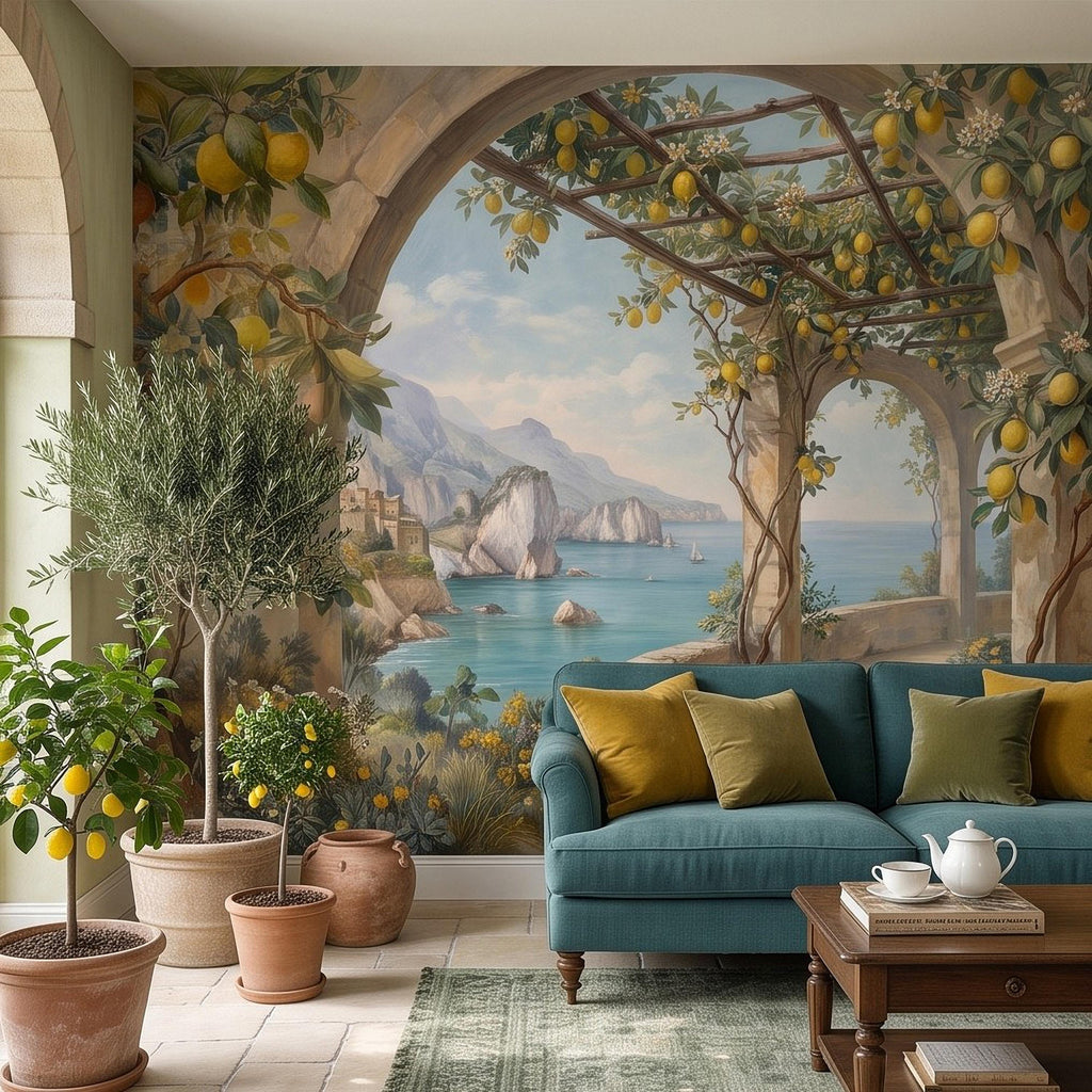 Italian Lemon Grove Peel and Stick Wall Mural, Amalfi Coast Mediterranean Sea Garden Arches Vintage Coastal Landscape Painting Wallpaper