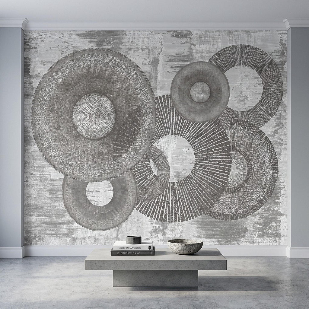 Abstract Geometric Circles Peel and Stick Wall Mural, Textured Disc Shapes Distressed Minimalist Organic Modern Contemporary Art Wallpaper