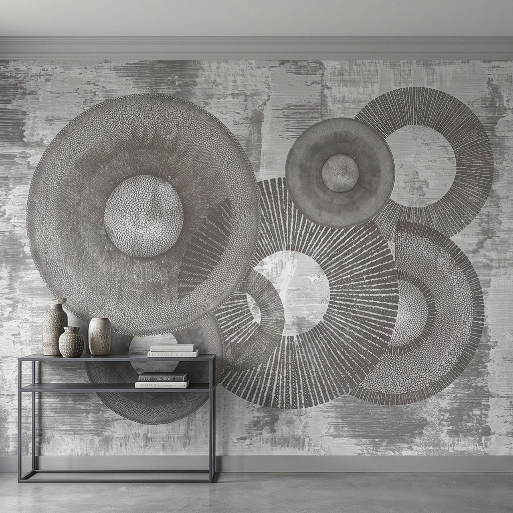 Abstract Geometric Circles Peel and Stick Wall Mural, Textured Disc Shapes Distressed Minimalist Organic Modern Contemporary Art Wallpaper