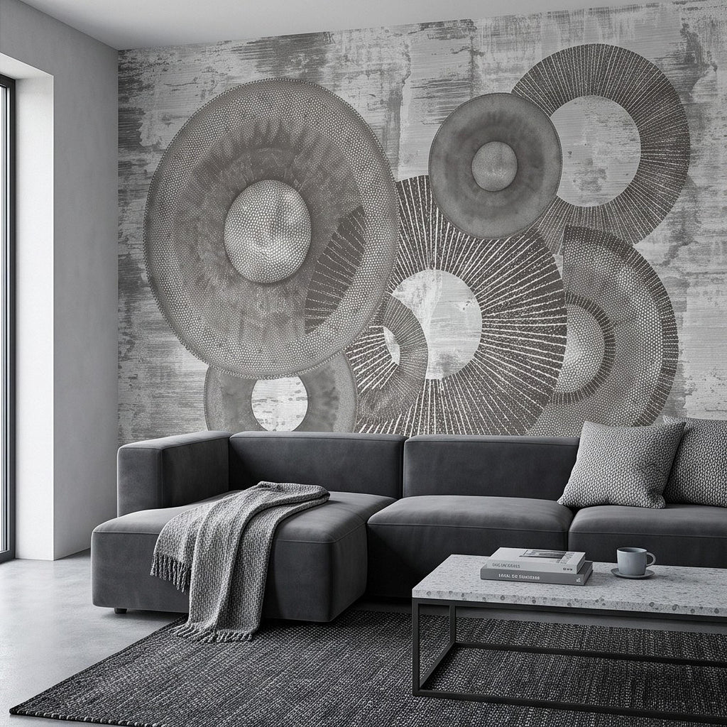 Abstract Geometric Circles Peel and Stick Wall Mural, Textured Disc Shapes Distressed Minimalist Organic Modern Contemporary Art Wallpaper