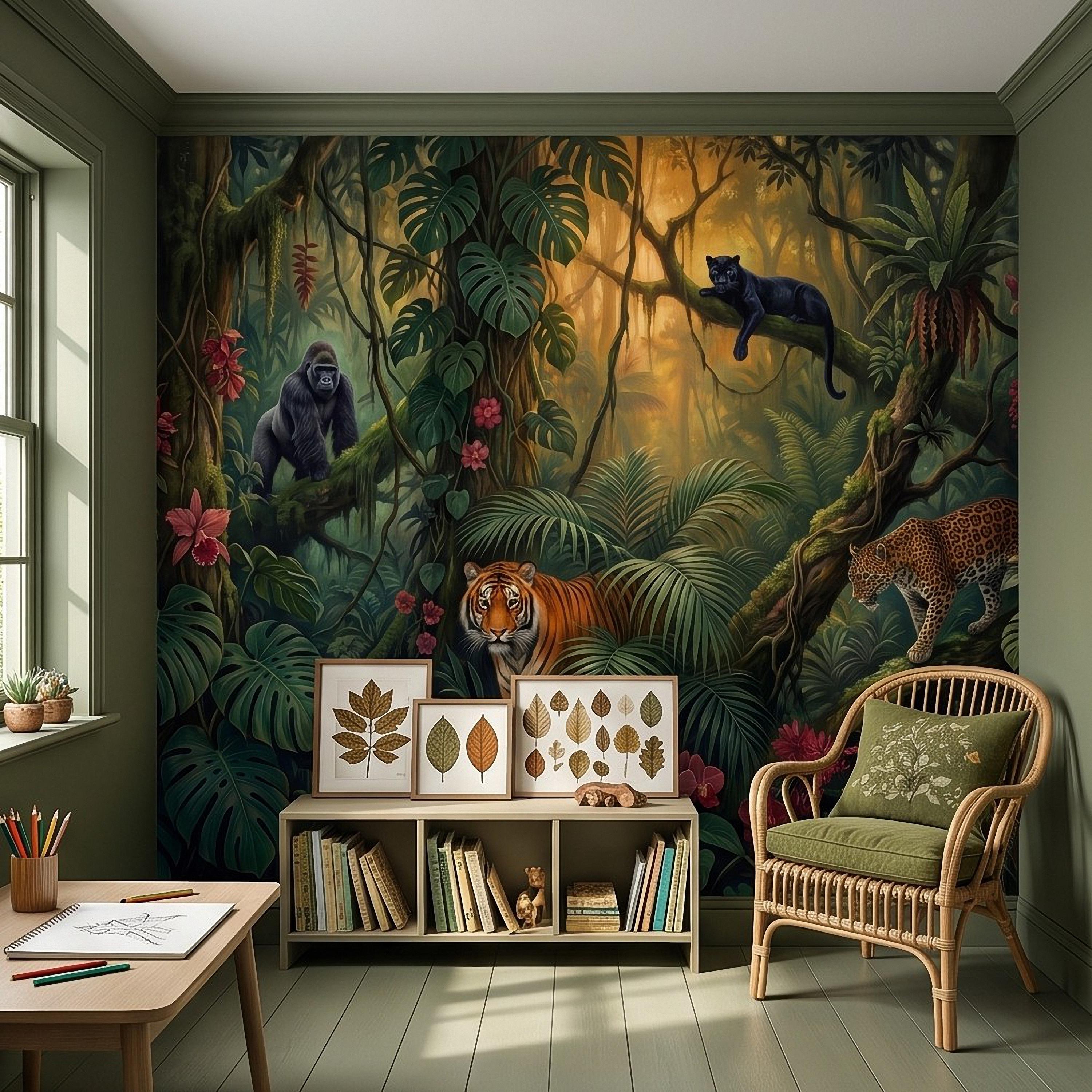 Tropical Jungle Peel and Stick Wall Mural, Rainforest Wildlife Botanical Adventure Exotic Animals Vintage Painting Kids Nursery Wallpaper