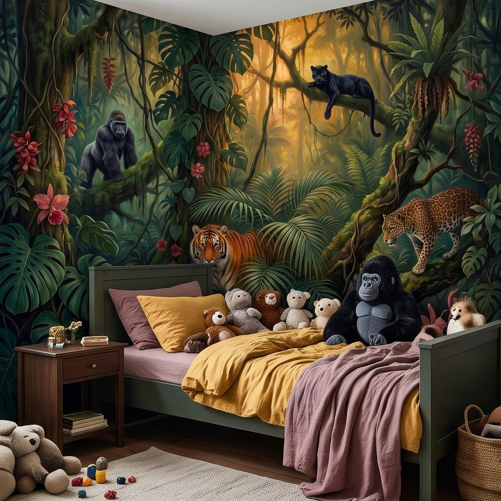 Tropical Jungle Peel and Stick Wall Mural, Rainforest Wildlife Botanical Adventure Exotic Animals Vintage Painting Kids Nursery Wallpaper