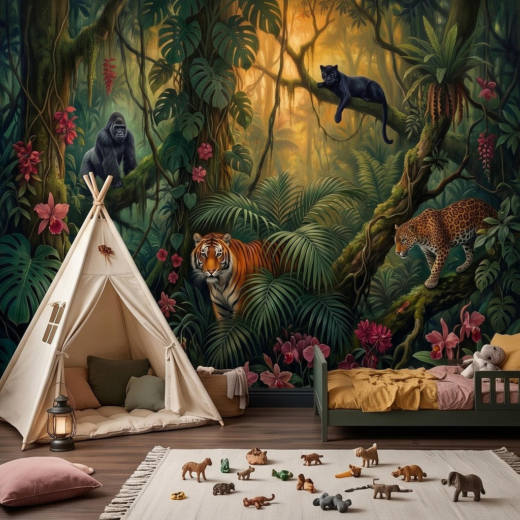 Tropical Jungle Peel and Stick Wall Mural, Rainforest Wildlife Botanical Adventure Exotic Animals Vintage Painting Kids Nursery Wallpaper