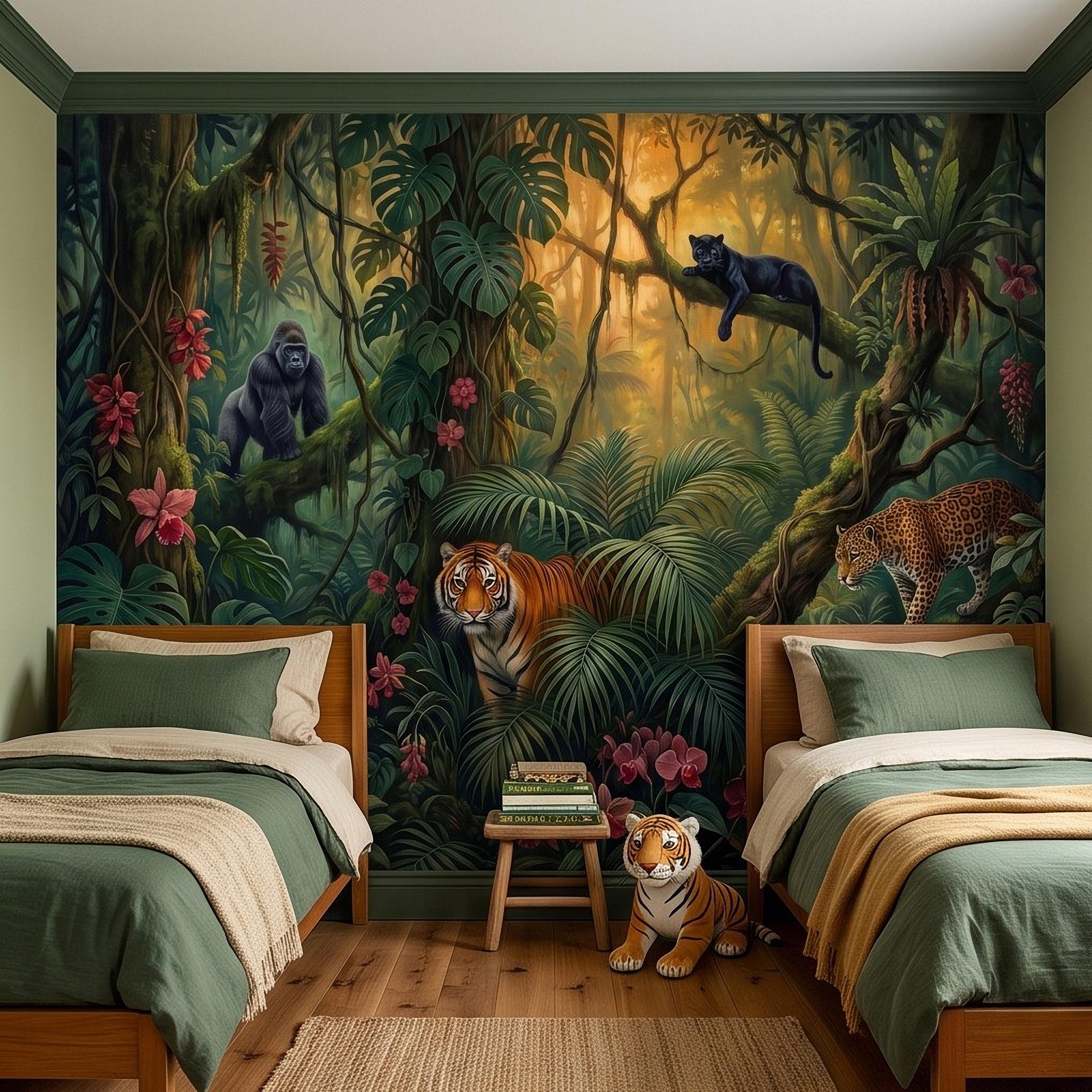 Tropical Jungle Peel and Stick Wall Mural, Rainforest Wildlife Botanical Adventure Exotic Animals Vintage Painting Kids Nursery Wallpaper