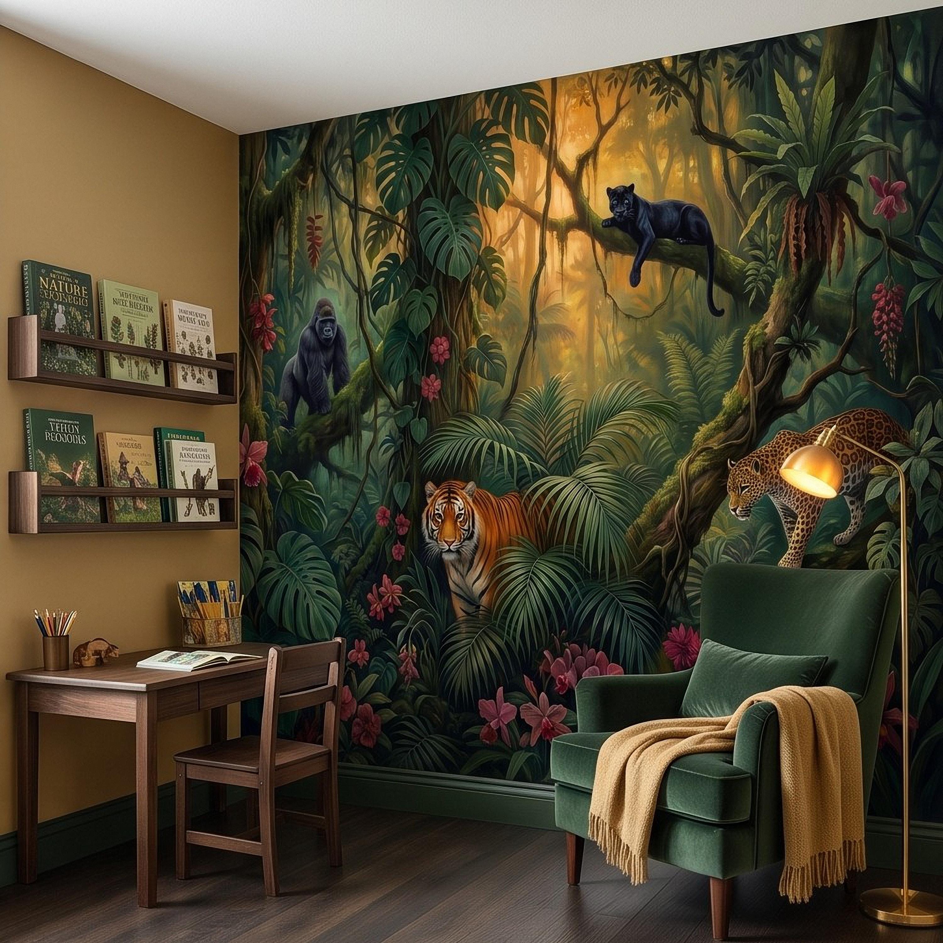 Tropical Jungle Peel and Stick Wall Mural, Rainforest Wildlife Botanical Adventure Exotic Animals Vintage Painting Kids Nursery Wallpaper