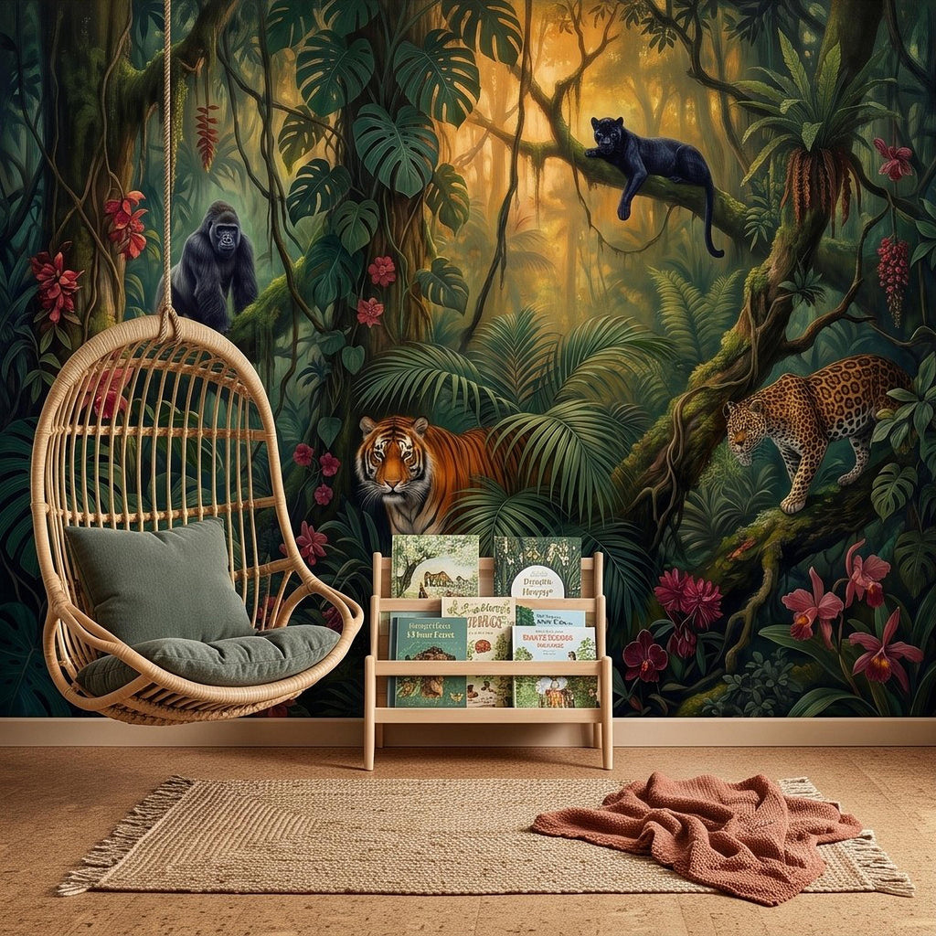 Tropical Jungle Peel and Stick Wall Mural, Rainforest Wildlife Botanical Adventure Exotic Animals Vintage Painting Kids Nursery Wallpaper