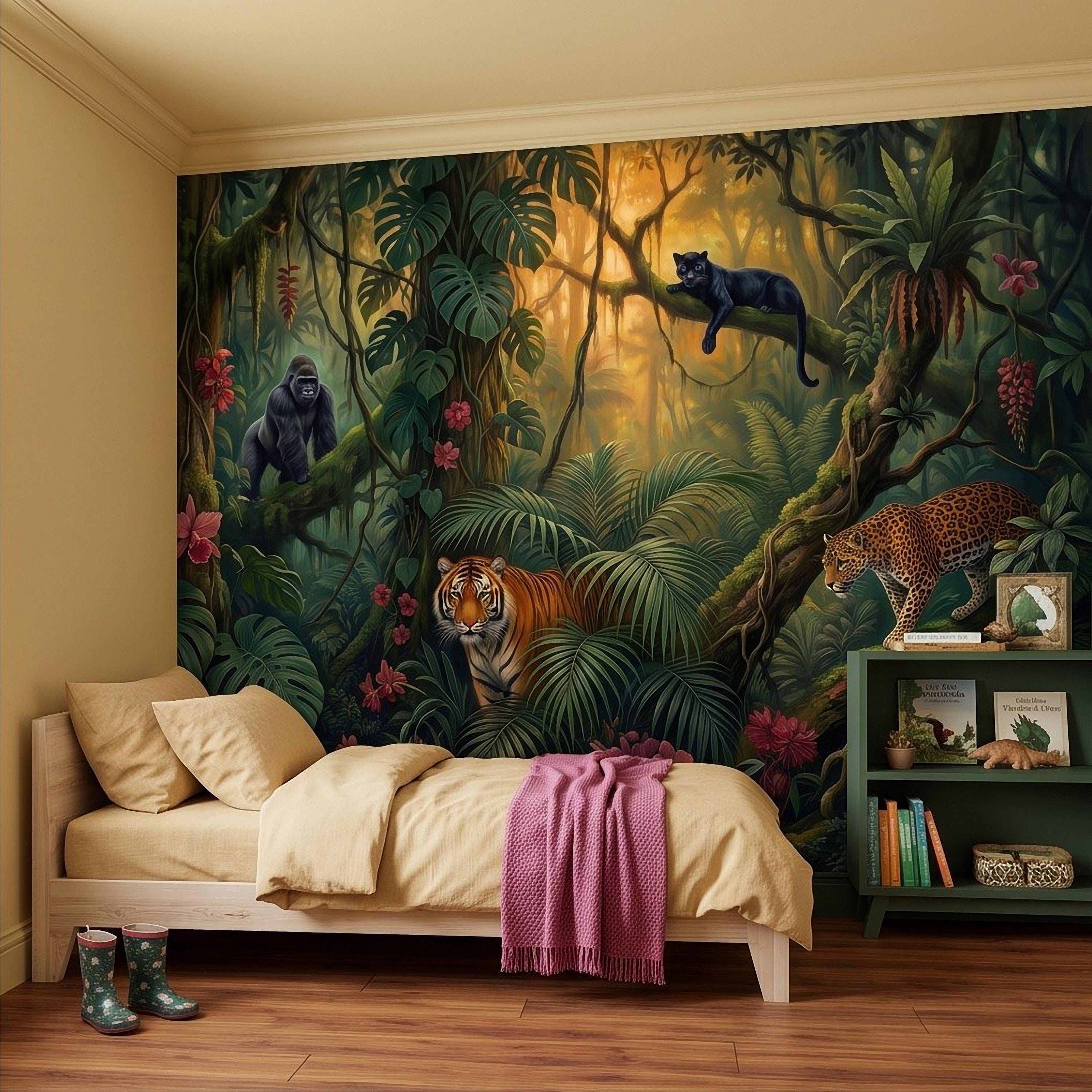 Tropical Jungle Peel and Stick Wall Mural, Rainforest Wildlife Botanical Adventure Exotic Animals Vintage Painting Kids Nursery Wallpaper