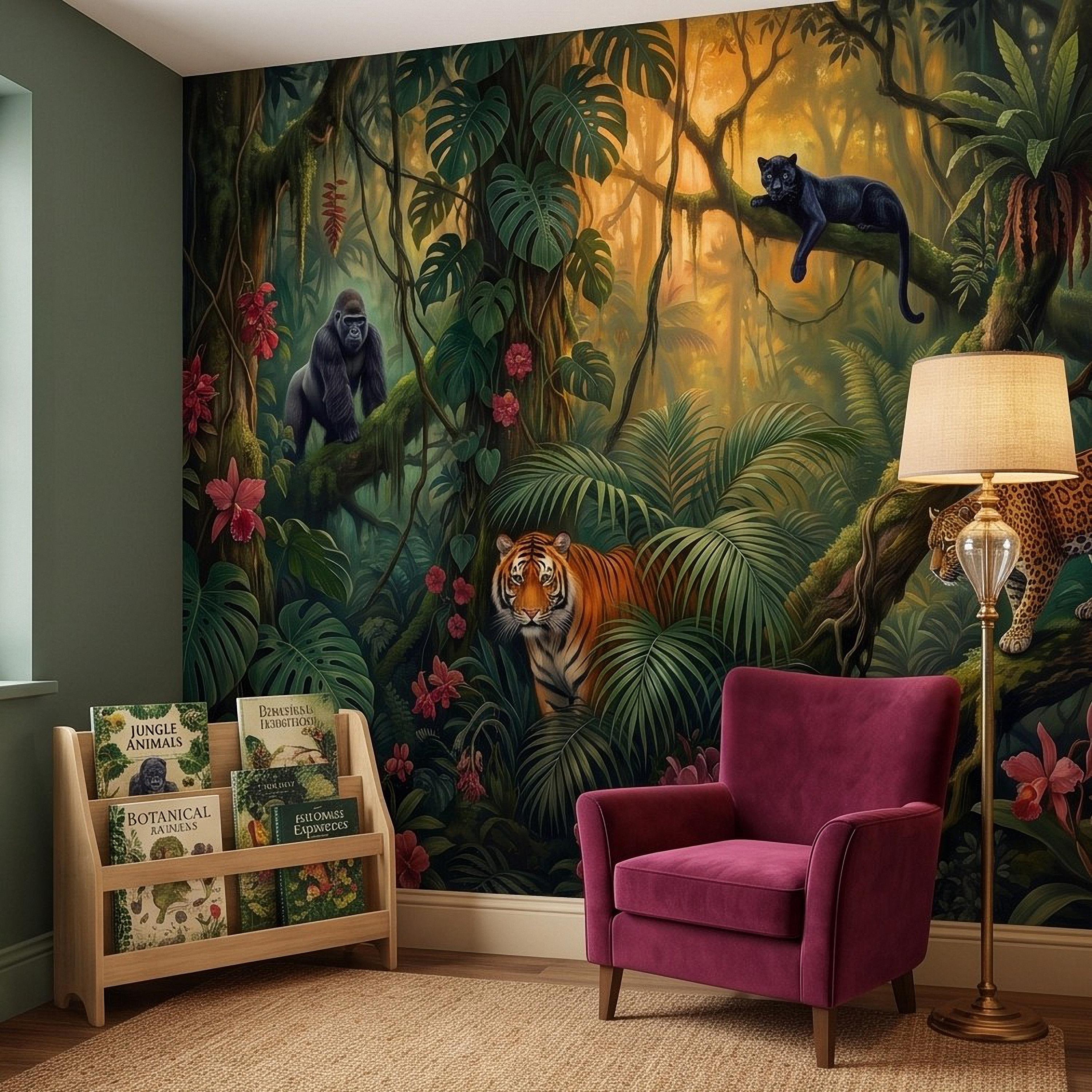 Tropical Jungle Peel and Stick Wall Mural, Rainforest Wildlife Botanical Adventure Exotic Animals Vintage Painting Kids Nursery Wallpaper